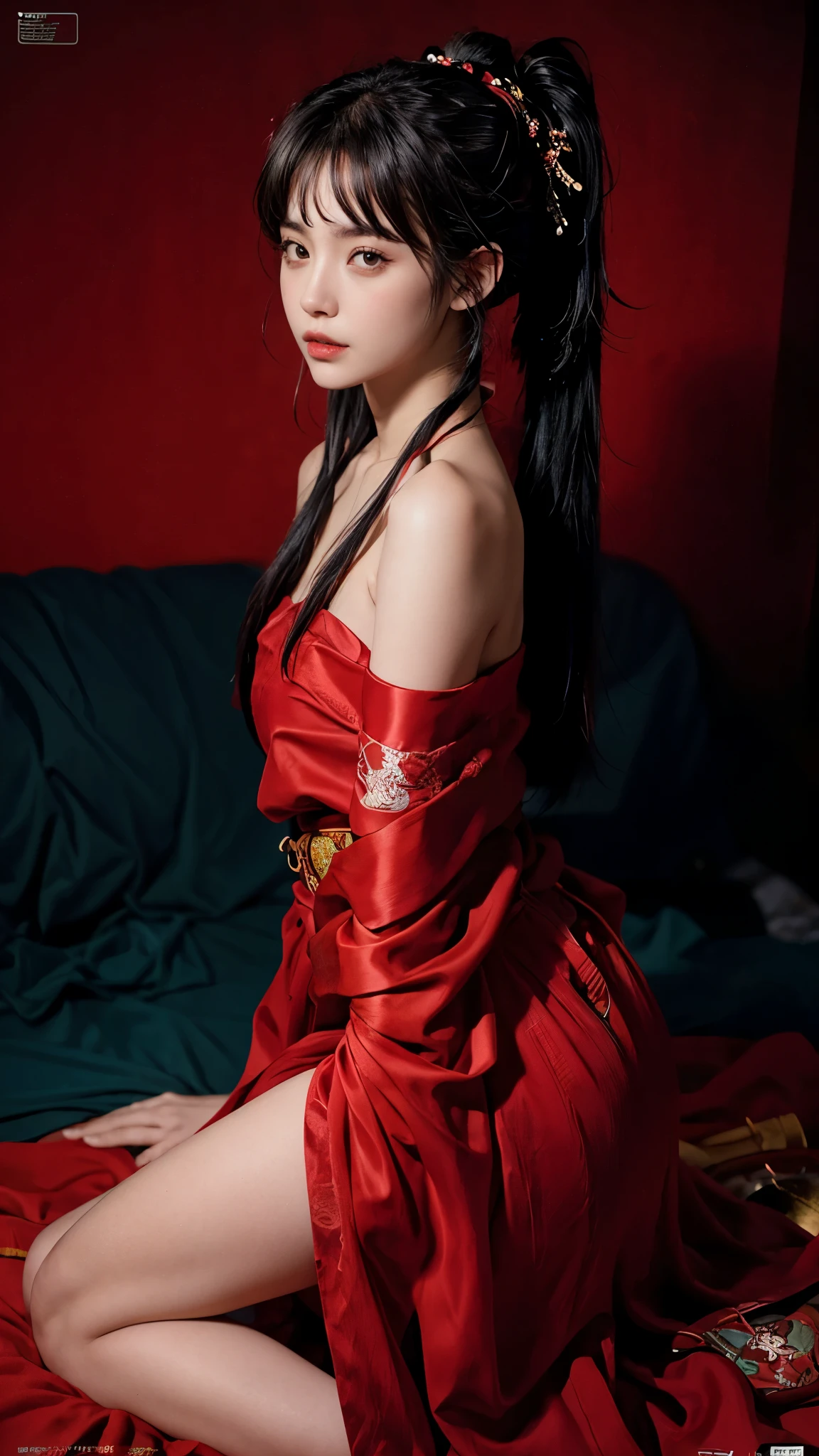 flat style, flat colors, 1girl,(looking at camera)， side view, samurai girl, black hair, long hair, ponytail, seducing viewer, hearts, female focus, off-shoulder kimono, posing, suggestive pose, kneeling, red theme, (red) and black background, magazine cover, helvetica bold    concept art  expressiveh  