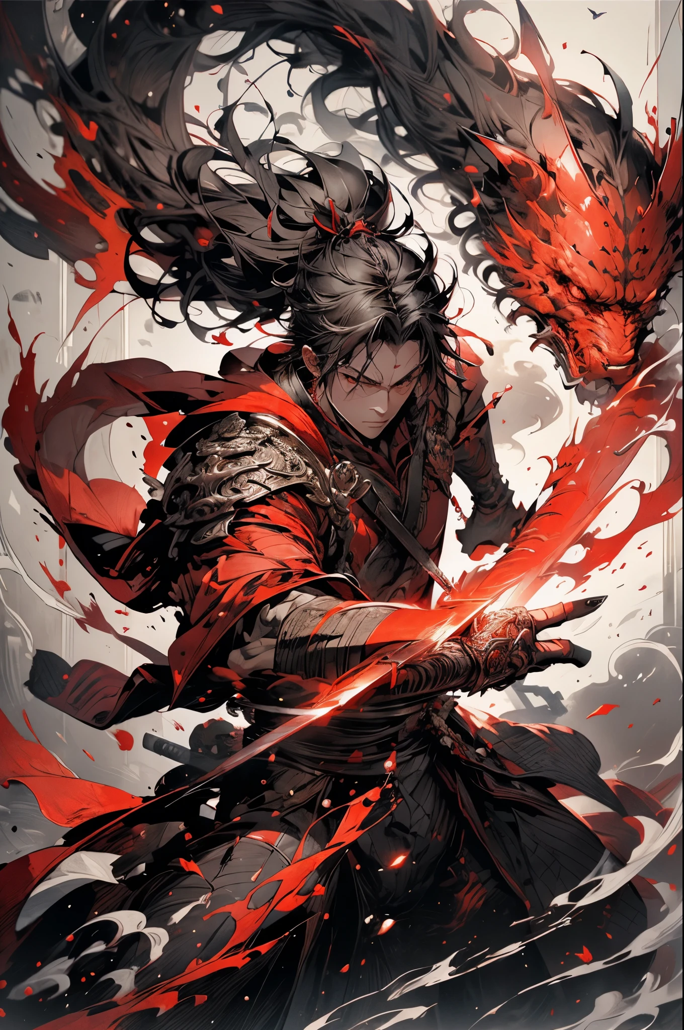 A middle-aged man in his 40s, Long hair in a striking red and black combination, Wild and Messy Hairstyle, Fierce gaze, Confident smile, He has a lightning bolt tattoo on his left cheek , Strong physique, A gorgeous short-sleeved fantasy-style coat, A fitted scaled undergarment, Black fur shawl, Wrist guard, Coarse trousers, He stood like a sacred figure on the crumbling earth, There&#39;s debris floating everywhere., This character embodies a carefully crafted、Anime style based on fantasy, With refinement、Features a mature comic book illustration art style, HD, best quality, high resolution, Extremely detailed, Super Fine, Extremely refined, professional, Anatomically correct, Symmetrical face, Extremely detailed eyes and face, High quality eyes, creativity, RAW photos, 超HD, 8K, Natural light, light, masterpiece-anatomy-perfect, masterpiece:1.5