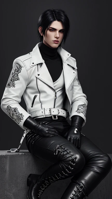 Final Fantasy-inspired graphics, Young, cute and cool Japanese boys, Thin eyebrows and big eyes,  He is wearing a shiny off-white leather single-breasted jacket., with epaulettes,  The jacket is zipped up, The pattern on the jacket is a little black line., The jacket has a high stand-up collar with a belt, Also wearing a black turtleneck, black leather pants,Tight, thin black leather gloves on both hands, Black leather knee-high lace-up boots,show, head-to-toe, Show whole body, Final Fantasy Style、good looking、Clear eyes and nose、((White single design leather jacket))、((Black turtleneck shirt))、((black leather pants))、((Black leather gloves on both hands))、((Black lace-up leather long boots))、View from head to toe、Realistic image quality and texture