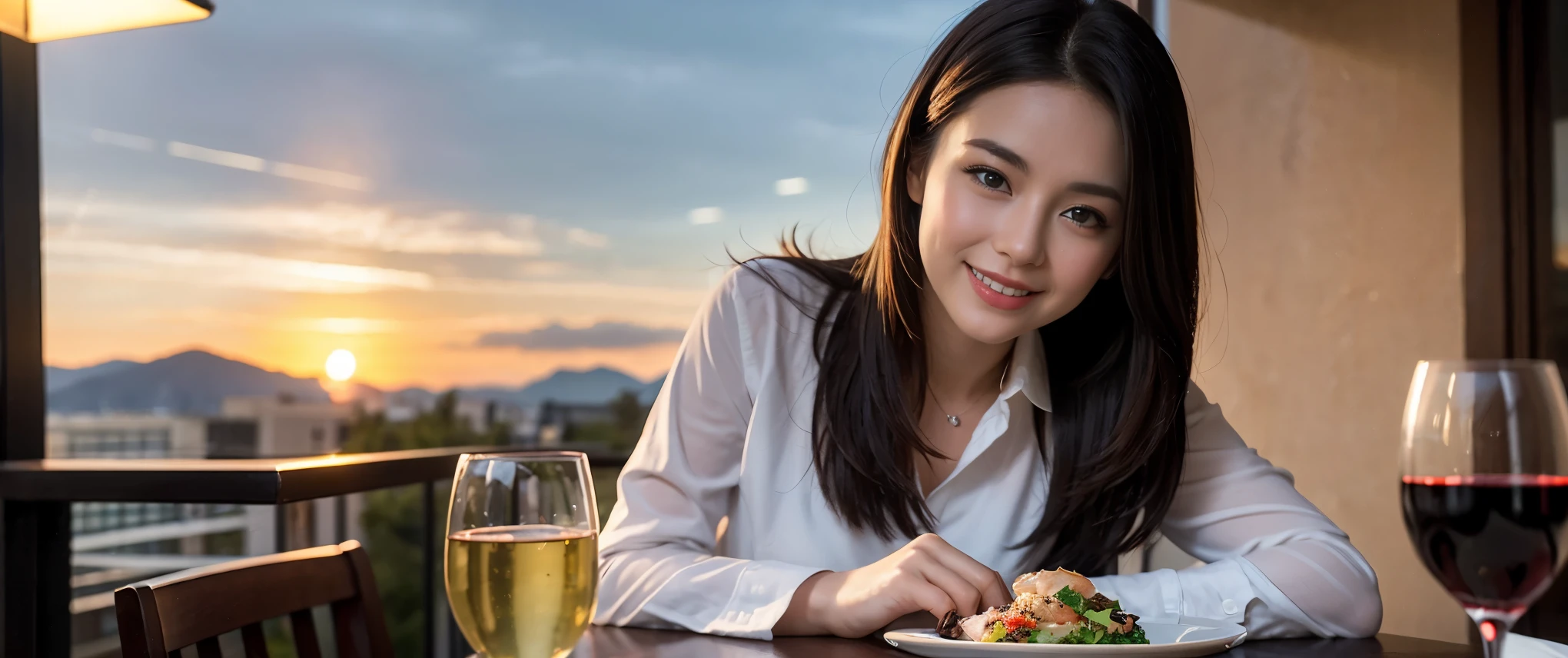 ((highest quality、8k、masterpiece:1.3))、Sharp focus:1.2、Beautiful woman perfect body:1.4、slimなボディ、((Bob Hale、Straight hair:1.2))、(to be born, highest quality, masterpiece:1.5), (Realistic, Intricate details:1.2), Ultra-high resolution, shine a light on your face、Spectacular view of the sunset sky and clouds、Amazing mountain views、ニコニコ明るいsmile、wine glass、red wine 、Appetizer、Italian food、Wine bottle、Champagne、sparkling wine、, Beautiful Face, blue eyes, The light shines on your face, Blushing, short hair,Bright Face、Fox face、 (36 years old), 39 years old, Lady、Two beauties、brown hair、Shortcuts、Long sleeve shirt、dress、Pretty Woman 1, (slimな顔), (The body is slim), (brown hair), (Shortcuts), cheeks turn a little red,Attractive beauty、, Out of the window, A beautiful and detailed night view unfolds.........., restaurant, In a prominent place (From the waist up) Nova Frog Style, actress, model, Upper Body, White wine, slim, wine glass, 真ん中に置かれたwine glass, smile, (smile: 1.15), Beautiful fine grain, Depth f/2,saturation, High Contrast, Strong light and shadow,Moist Body:1.5、3D texture、Delicate eyes、brown hair、The hair is very shiny、