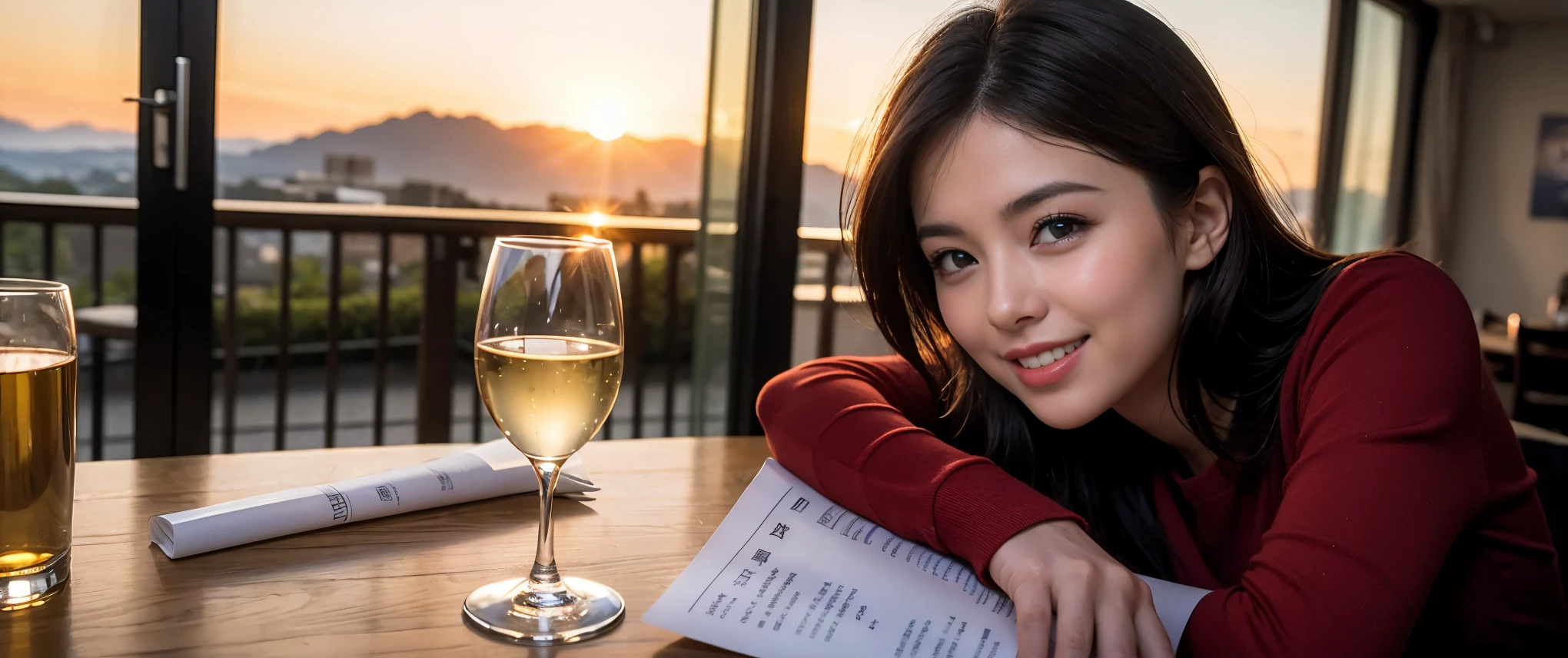 ((highest quality、8k、masterpiece:1.3))、Sharp focus:1.2、Beautiful woman perfect body:1.4、slimなボディ、((Bob Hale、Straight hair:1.2))、(to be born, highest quality, masterpiece:1.5), (Realistic, Intricate details:1.2), Ultra-high resolution, shine a light on your face、Spectacular view of the sunset sky and clouds、Amazing mountain views、ニコニコ明るいsmile、wine glass、red wine 、Appetizer、Italian food、Wine bottle、Champagne、sparkling wine、, Beautiful Face, blue eyes, The light shines on your face, Blushing, short hair,Bright Face、Fox face、 (36 years old), 39 years old, Lady、Two beauties、brown hair、Shortcuts、Long sleeve shirt、dress、Pretty Woman 1, (slimな顔), (The body is slim), (brown hair), (Shortcuts), cheeks turn a little red,Attractive beauty、, Out of the window, A beautiful and detailed night view unfolds.........., restaurant, In a prominent place (From the waist up) Nova Frog Style, actress, model, Upper Body, White wine, slim, wine glass, 真ん中に置かれたwine glass, smile, (smile: 1.15), Beautiful fine grain, Depth f/2,saturation, High Contrast, Strong light and shadow,Moist Body:1.5、3D texture、Delicate eyes、brown hair、The hair is very shiny、