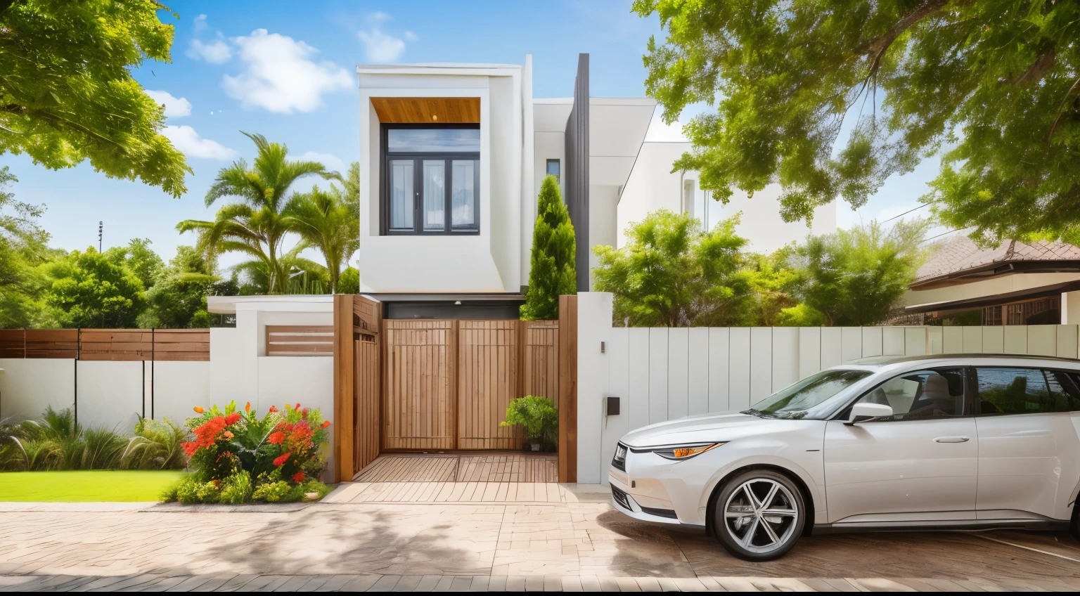 RAW photo,Masterpiece, high quality, best quality, authentic, super detail,
exterior, outdoors, house style modern on the streets with white wall, glass windows, wooden ceiling, decorative brick array, fence gate, trees, road, beautiful summer sky