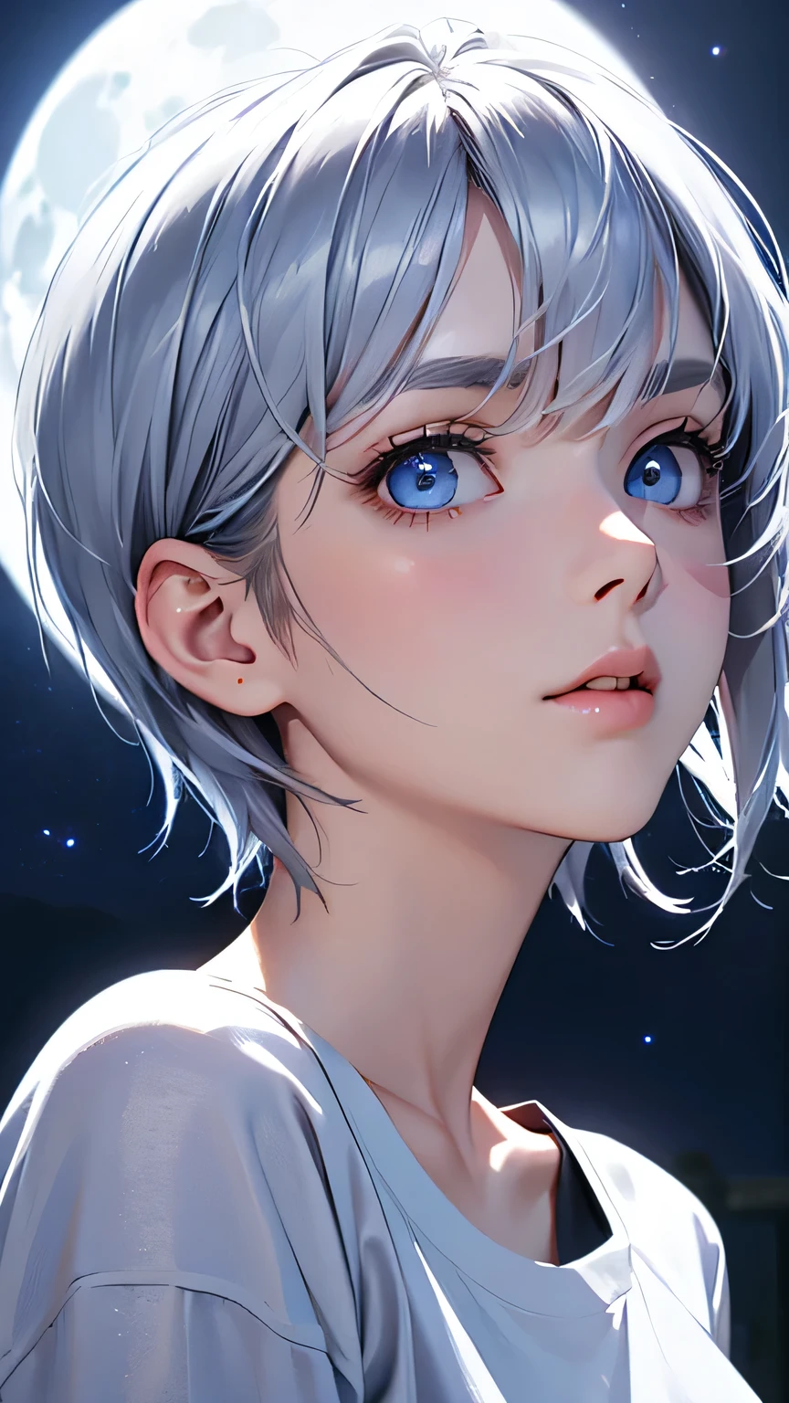 highest quality、Realistic、Night Sky、full moon、moonlight、girl、zoom、look up、cute、cobalt blue eyes、Silver Hair、Short Hair、White T-shirt、Face close-up、slender