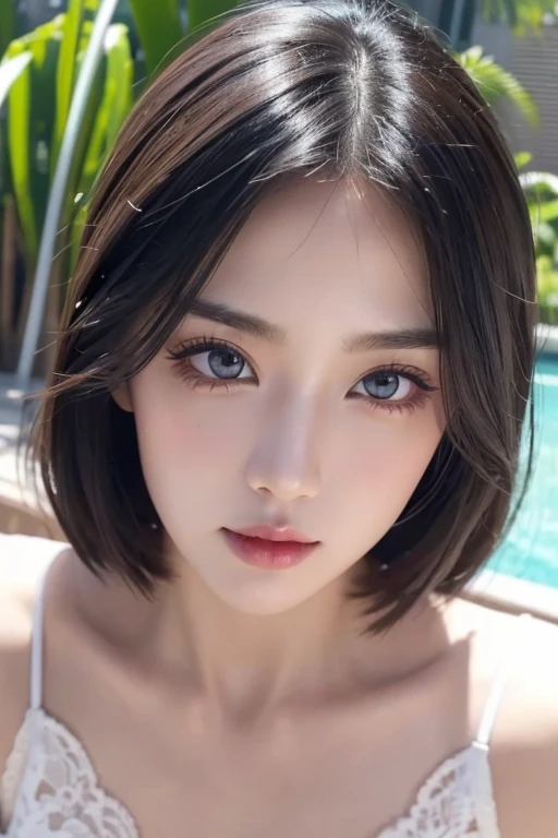girl, high quality, Very detailedな, Crazy Details, 4k quality (Cinematic digital artwork: 1.3), high quality, 最high qualityの, Very detailed, shape, [4k digital art]、 Indiasug nr, (Sharp focus: 1.5), Written boundary depth, 4k 、High resolution, Very detailedな, Highly detailed CG Unity 8k wallpaper, Realistic, Photorealistic, Raw photo, beautiful and Detailed face, White skin, Realistic glowing skin, Detailed hair texture, Perfect body, Healthy Body、big breasts, Beautiful Face, Acura, Anatomically correct, highly Detailed face, Eye and skin texture, Natural neck length, (Beautiful Eyes), (Beautiful Hands), (Glowing Skin:1.2), (Beautiful feet), Thin legs, knowledgeable person、Detailed face、Detailed Background、 (Live Action、Intricate details)、 Dramatic Compensate、Compensate、eye make up、eyeliner、eye shadow、Lilac Contact Lenseicro Bikini、Poolside、Wide Shot