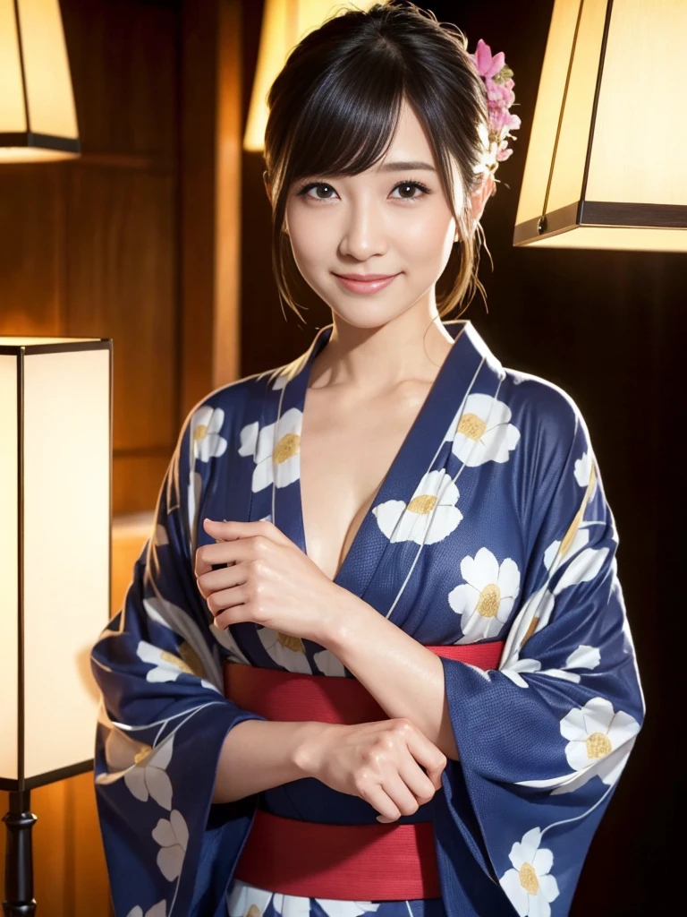 Beautiful woman in neat Japanese clothes、((best qualtiy、8k masterpieces:1.3))、sharp focus:1.2、(ultra beautiful faces:1.0)、(shinny skin:1.0)、photos realistic、A dark-haired、Video Lighting、High-definition eyes and face、Video Lighting、Japan Idol Actress、from the front side、medium breasts、Smile、Slender Abs Beauty、Whole body、In furisode、((yukata))、Details of the finger、Detailed hand、(Refers to 5 books)