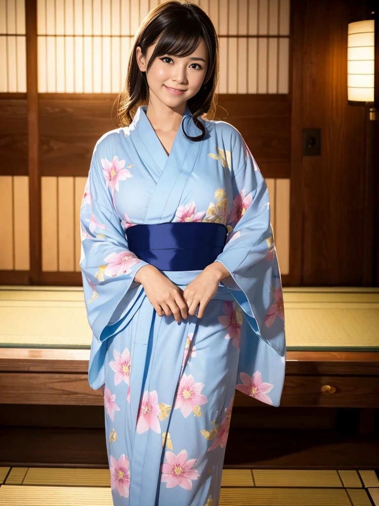 Beautiful woman in neat Japanese clothes、((best qualtiy、8k masterpieces:1.3))、sharp focus:1.2、(ultra beautiful faces:1.0)、(shinny skin:1.0)、photos realistic、A dark-haired、Video Lighting、High-definition eyes and face、Video Lighting、Japan Idol Actress、from the front side、medium breasts、Smile、Slender Abs Beauty、Whole body、In furisode、((yukata))、Details of the finger、Detailed hand、(Refers to 5 books)