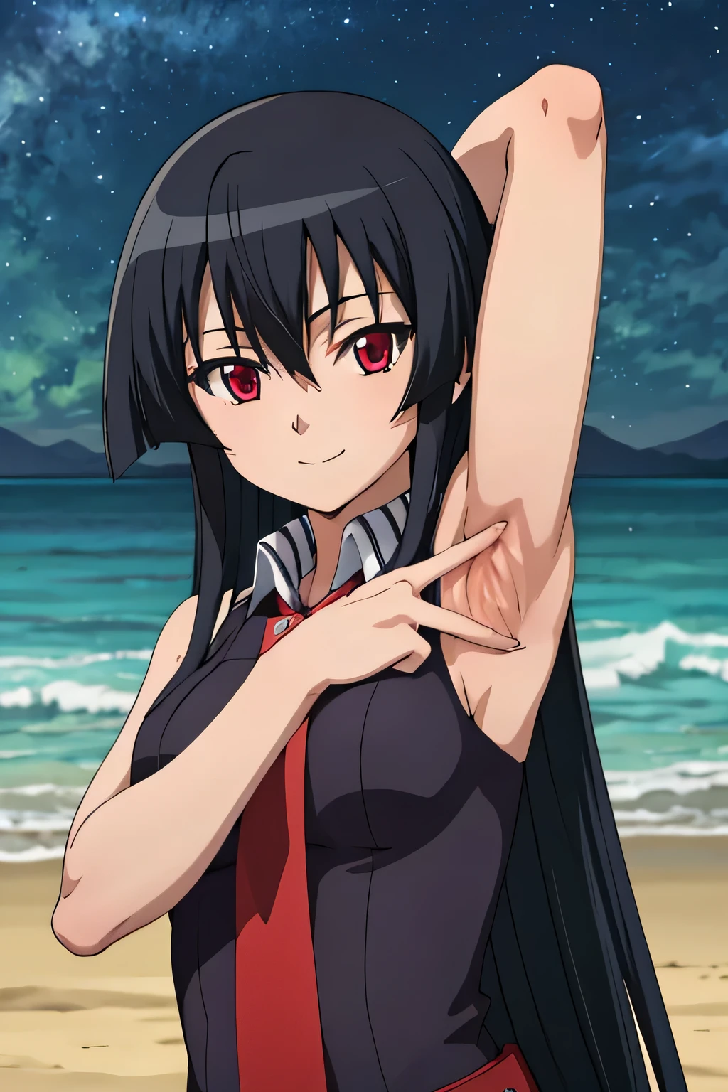 solo, 1girl, looking at viewer, 2D, anime, anime coloring, akame, necktie, sleeveless, looking at viewer, closed mouth, small smile, solo, night sky, beach, arms behind head, contrapposto, spread armpits, closed mouth, smile, upper body,