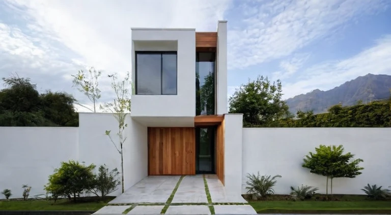 exterior house, contemporary style, white wall, wood wall, wood door, glass window, (realistic:1.2), Masterpiece, high quality, best quality, authentic, super detail, outdoors,road,pavement, grass, trees, sky, cloud, (daylight:1.1)
