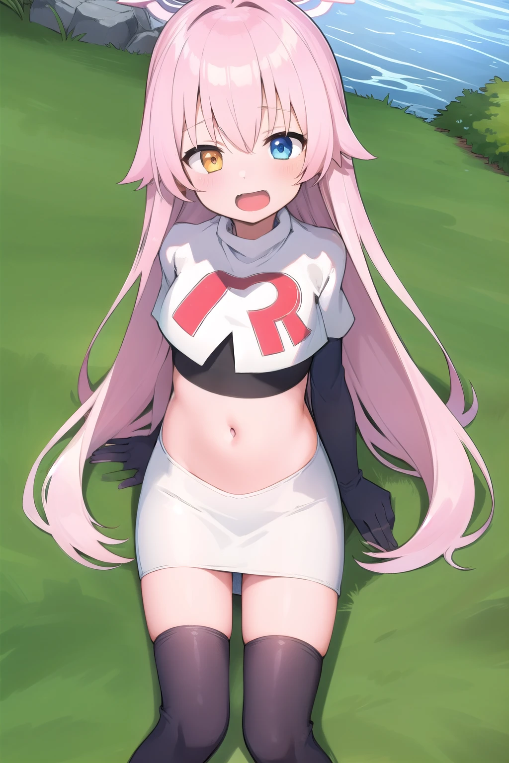 masterpiece, best quality, ultra-detailed, 1girl, hoshino, team rocket,team rocket uniform,white skirt,red letter R,crop top,black thigh-highs,black elbow gloves, outdoors 