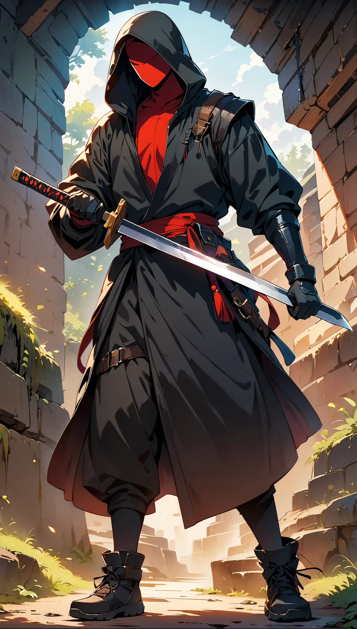 (最high quality:1.2, Comic Artwork, Comic book style, Very detailedな, up to date, Vibrant, digital coloring, High Contrast, masterpiece:1.2, Best Quality, Best aesthetics, aya), RPG Design, Dark fantasy graphics, Humanoid Monster, Ninja, ((full body shot)), Hide your face with a hood, Ninja, Assassination Expert, (((Man in Black, Keep a low profile:1.2))), Vibrant action, マスターNinja, ((Pulling out the Japan sword, Quick sword removal)), Fantasy art, ((Underground dungeon background, Stone Dungeon)), Dim lighting, Film Grain, Background blur, high quality, Surreal, ((Very detailed, photo shoot)),