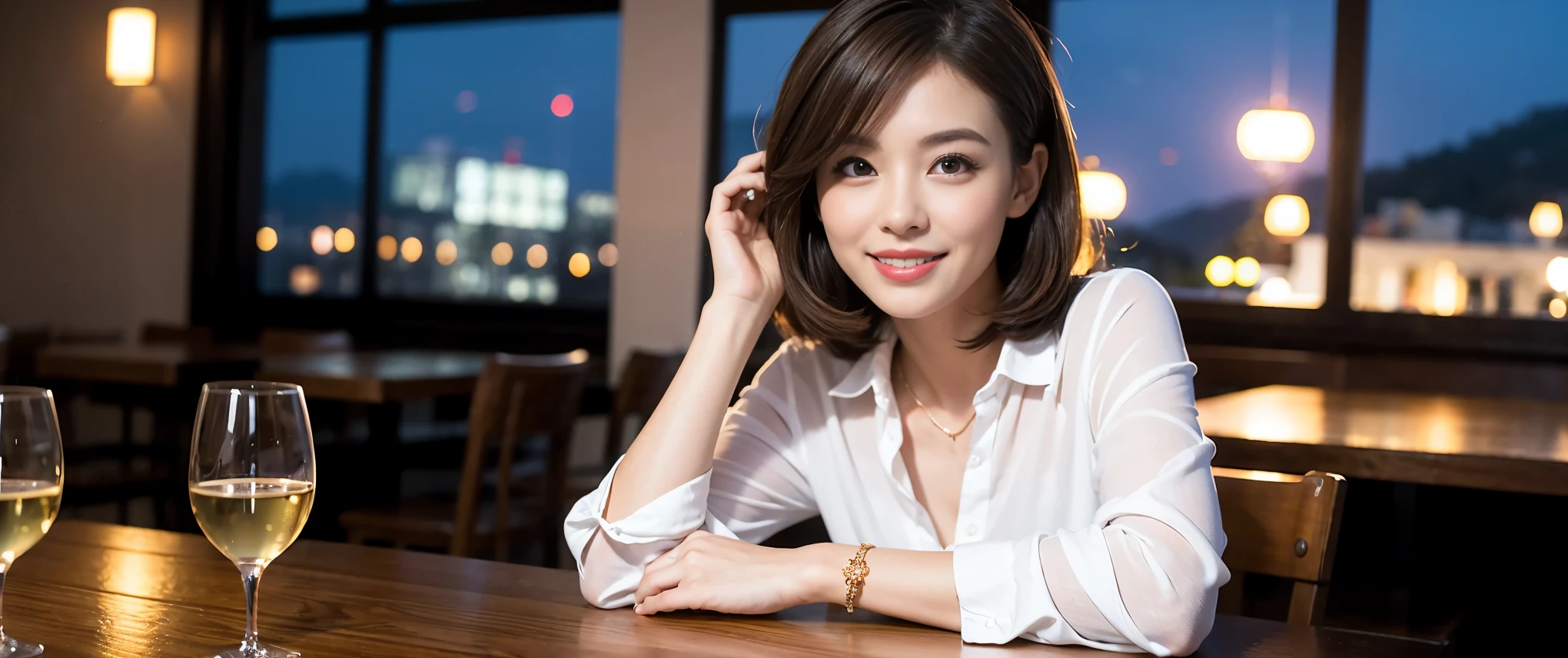 ((highest quality、8k、masterpiece:1.3))、Sharp focus:1.2、Beautiful woman perfect body:1.4、slimなボディ、((Bob Hale、Straight hair:1.2))、(to be born, highest quality, masterpiece:1.5), (Realistic, Intricate details:1.2), Ultra-high resolution, Put the light on your face、Spectacular view of the sunset sky and clouds、Amazing mountain views、ニコニコ明るいsmile、wine glass、red wine 、Appetizer、Italian food、Wine bottle、Champagne、sparkling wine、, Beautiful Face, blue eyes, The light shines on your face, Blushing, short hair,Bright Face、Fox face、 (41 years old), 39 years old, Lady、Two beauties、brown hair、Shortcuts、Long sleeve shirt、dress、Pretty Woman 1, (slimな顔), (The body is slim), (brown hair), (Shortcuts), cheeks turn a little red,Attractive beauty、, Out of the window, A beautiful and detailed night view unfolds.........., restaurant, In a prominent place (From the waist up) Nova Frog Style, actress, model, Upper Body, White wine, slim, wine glass, 真ん中に置かれたwine glass, smile, (smile: 1.15), Beautiful fine grain, Depth f/2,saturation, High Contrast, Strong light and shadow,Moist Body:1.5、3D texture、Delicate eyes、brown hair、The hair is very shiny、