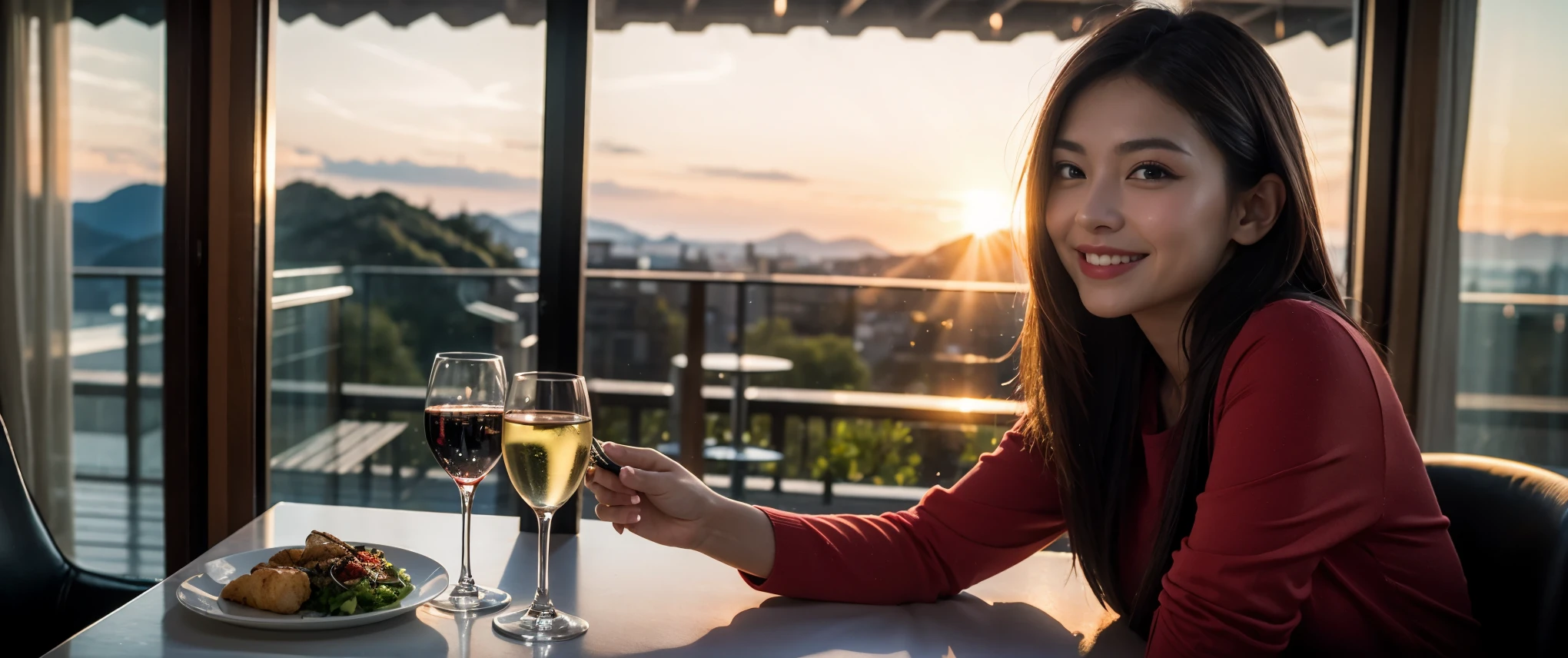 ((highest quality、8k、masterpiece:1.3))、Sharp focus:1.2、Beautiful woman perfect body:1.4、slimなボディ、((Bob Hale、Straight hair:1.2))、(to be born, highest quality, masterpiece:1.5), (Realistic, Intricate details:1.2), Ultra-high resolution, Put the light on your face、Spectacular view of the sunset sky and clouds、Amazing mountain views、ニコニコ明るいsmile、wine glass、red wine 、Appetizer、Italian food、Wine bottle、Champagne、sparkling wine、, Beautiful Face, blue eyes, The light shines on your face, Blushing, short hair,Bright Face、Fox face、 (41 years old), 39 years old, Lady、Two beauties、brown hair、Shortcuts、Long sleeve shirt、dress、Pretty Woman 1, (slimな顔), (The body is slim), (brown hair), (Shortcuts), cheeks turn a little red,Attractive beauty、, Out of the window, A beautiful and detailed night view unfolds.........., restaurant, In a prominent place (From the waist up) Nova Frog Style, actress, model, Upper Body, White wine, slim, wine glass, 真ん中に置かれたwine glass, smile, (smile: 1.15), Beautiful fine grain, Depth f/2,saturation, High Contrast, Strong light and shadow,Moist Body:1.5、3D texture、Delicate eyes、brown hair、The hair is very shiny、