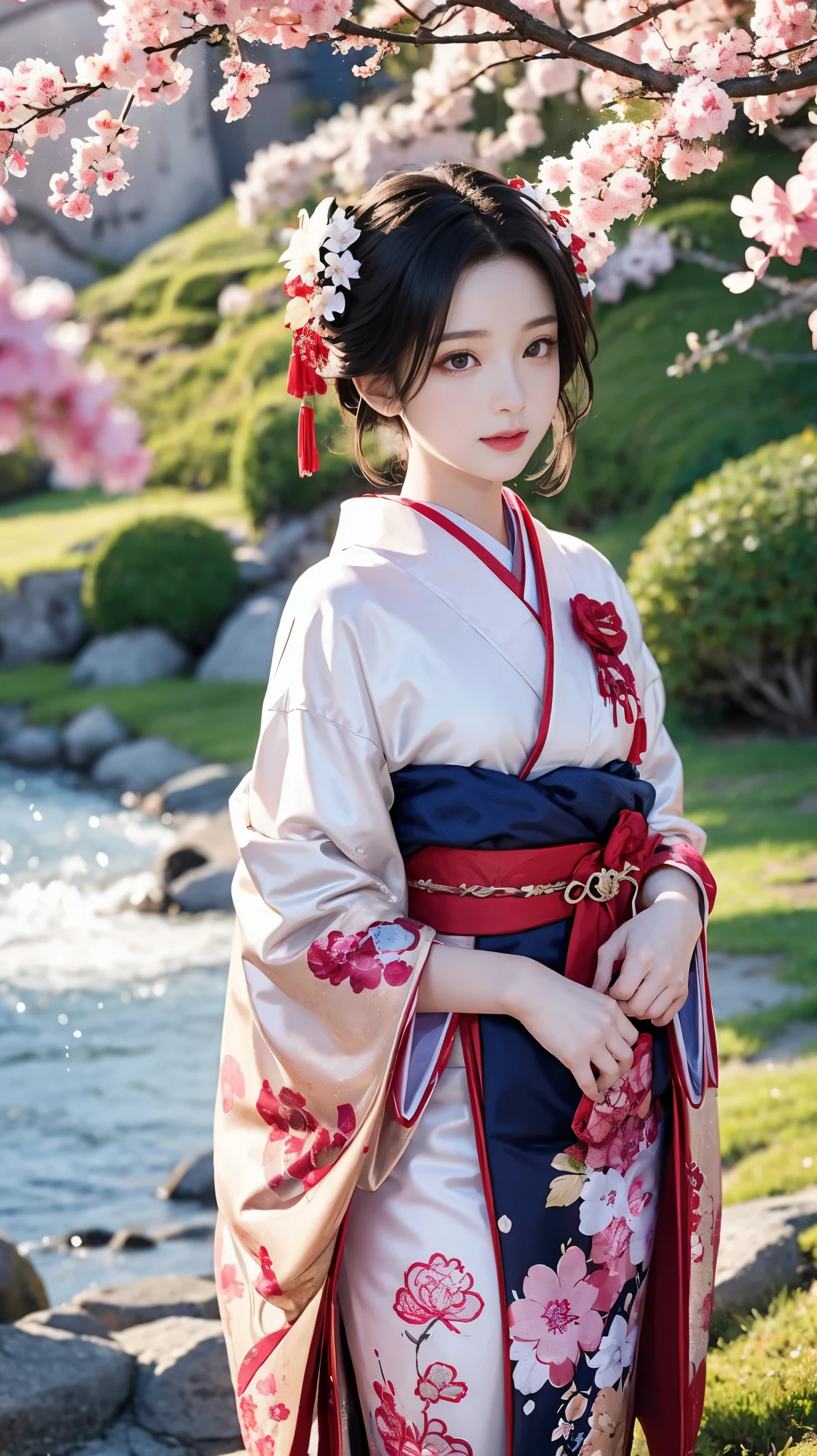 One girl,Black Hair, floating hair, Seaside,景color,landscape,cherry blossoms, Falling petals, Sunbeam,God&#39;s Rays,Upper Body,  color,dress,kimono