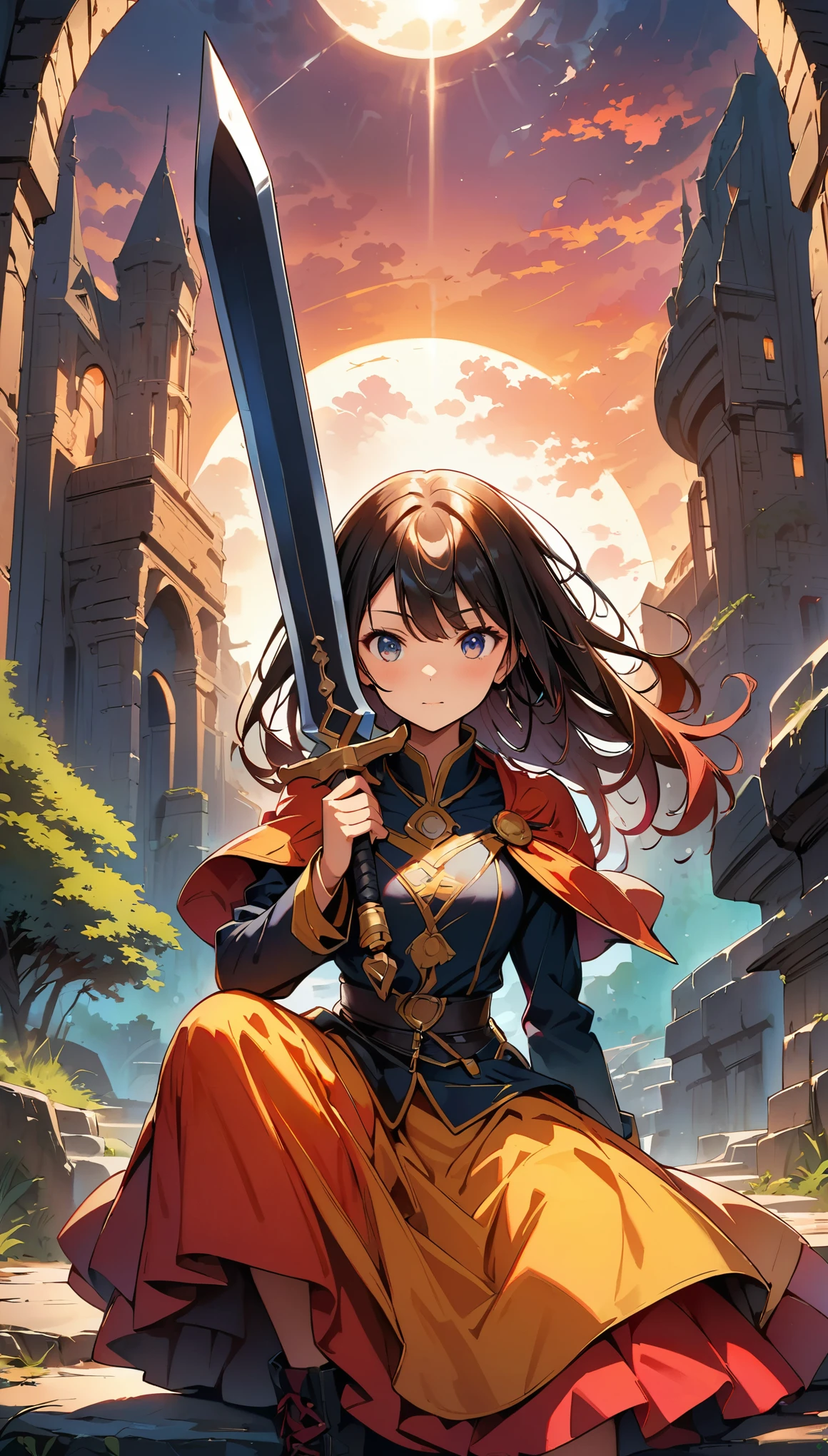 (最high quality:1.2, Comic Artwork, Comic book style, Very detailedな, up to date, Vibrant, digital coloring, High Contrast, masterpiece:1.2, Best Quality, Best aesthetics, aya), alone, Girl wielding a big sword、Chopper knife, Executioners, An illustration、Face and eye details、Flowing Hair、A strong and determined look、Beautiful sunset background、最high quality、Very detailed、Genuine:1.37、Bright colors、Dramatic lighting、brave pose、High resolution、Sharp focus, Gazing Eyes, Beautiful Skin, Shiny skin, Perfect Fingers, Five Fingers, Anatomically correct, Background blur, high quality, surGenuine, Bright colors, ((Very detailed, photo shoot)),