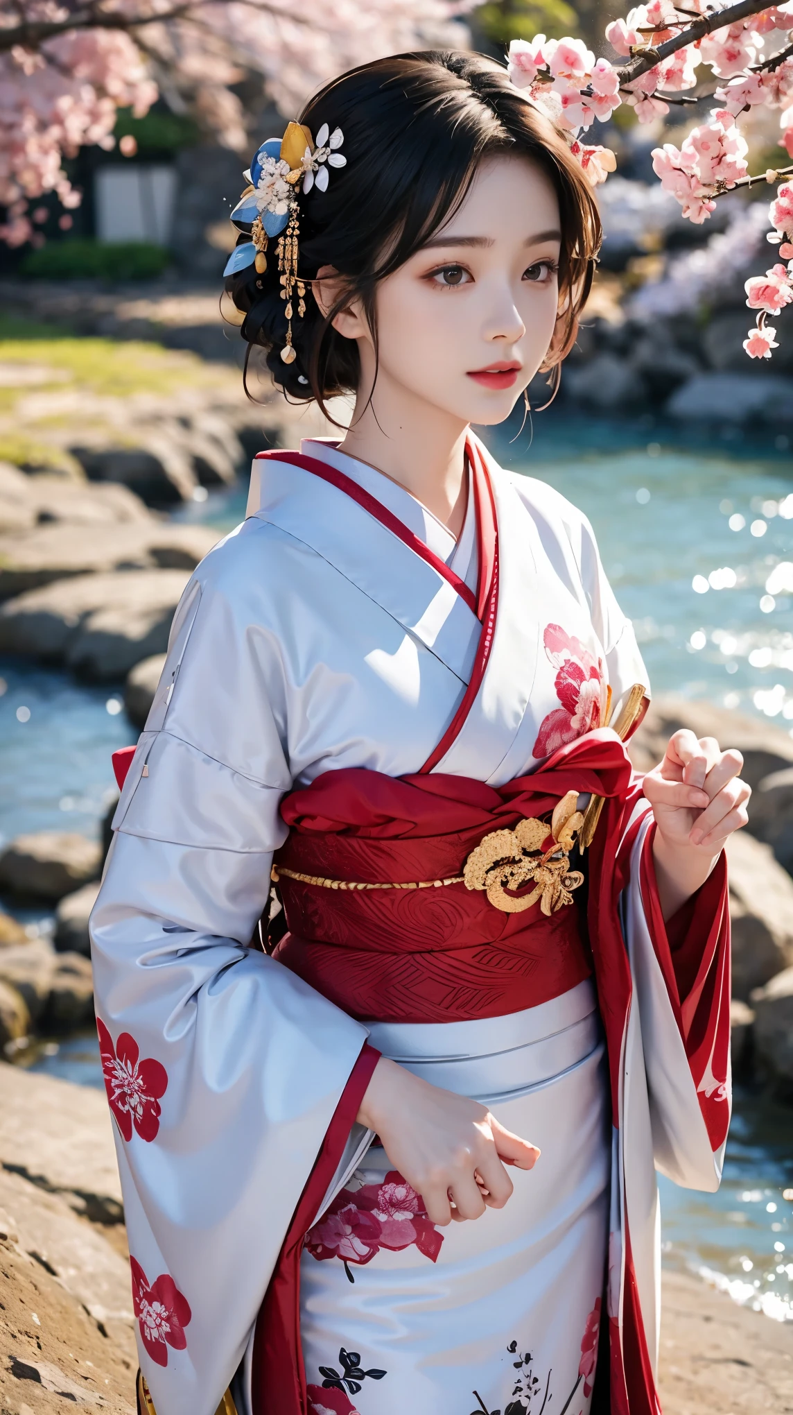 One girl,Black Hair, floating hair, Seaside,景color,landscape,cherry blossoms, Falling petals, Sunbeam,God&#39;s Rays,Upper Body,  color,dress,kimono