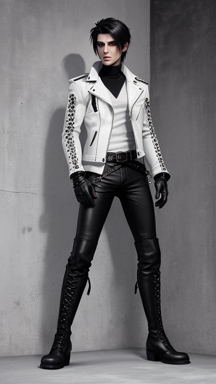 Final Fantasy-inspired graphics, Young, cute and cool Japanese boys, Thin eyebrows and big eyes, He is wearing a shiny off-white leather single-breasted jacket., with epaulettes, The jacket is zipped up, The pattern on the jacket is a little black line., The jacket has a high stand-up collar with a belt, Also wearing a black turtleneck, black leather pants,Tight, thin black leather gloves on both hands, Black leather knee-high lace-up boots,show, head-to-toe, Show whole body, Final Fantasy Style、good looking、Clear eyes and nose、((White single design leather jacket))、((Black turtleneck shirt))、((black leather pants))、((Black leather gloves on both hands))、((Black lace-up leather long boots))、View from head to toe、Realistic image quality and texture、I'm in a small prison cell