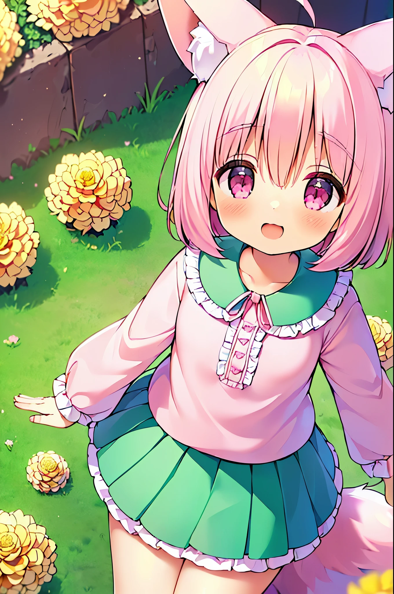 (((masterpiece))), (((最high quality))), (((high quality))), (((beautiful))), (((8K))), (((High resolution)) (((超High resolution))), (((High resolution))), (((Transcendent Technique Illustration))), (Pink Short Hair:1.3), (Pink fox tail:1.4), (Pink fox tail:1.2), Pink fox ears, (Pink Eyes), (Super small breasts:1.5), (Ultra-flat chest:1.4), (Cowboy Shot:1.3), (laughing:1.3), (Marigold flower garden:1.3), (Super cute pink blouse with frills:1.3), (Green pleated skirt with ruffles:1.3), (look up:1.4), (From above:1.4)