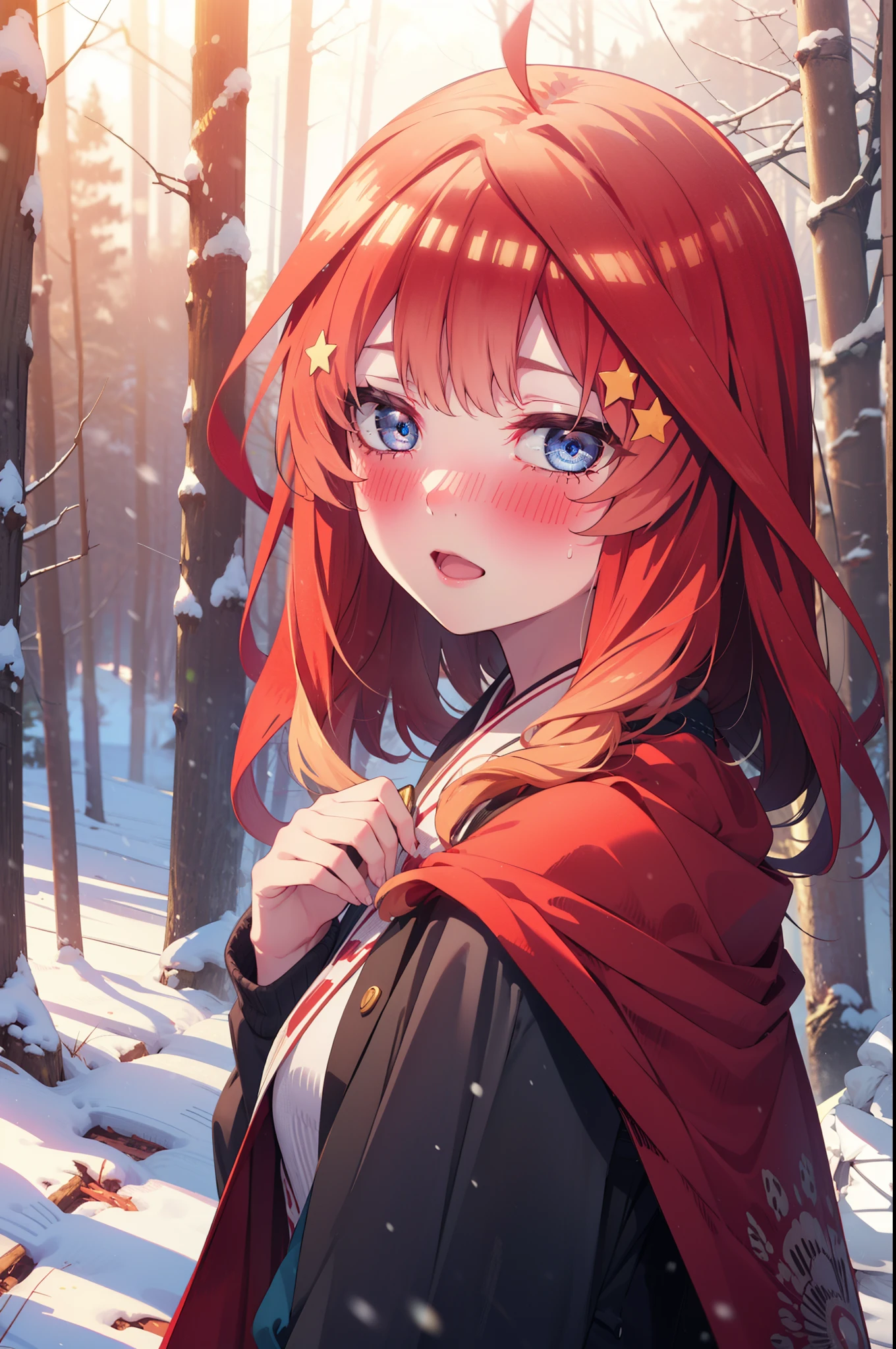 itsukinakano, Itsuki Nakano, bangs, blue eyes, Hair between the eyes, Ahoge, Redhead, star \(symbol\), hair ornaments, star hair ornaments,smile,blush,White Breath,
Open your mouth,snow, fire, Outdoor, boots, snowing, From the side, wood, suitcase, Cape, Blurred, Increase your meals, forest, White handbag, nature,  Squat, Mouth closed, フードed Cape, winter, Written boundary depth, Black shoes, red Cape break looking at viewer, Upper Body, whole body, break Outdoor, forest, nature, break (masterpiece:1.2), highest quality, High resolution, unity 8k wallpaper, (shape:0.8), (Beautiful and beautiful eyes:1.6), Highly detailed face, Perfect lighting, Highly detailed CG, (Perfect hands, Perfect Anatomy),