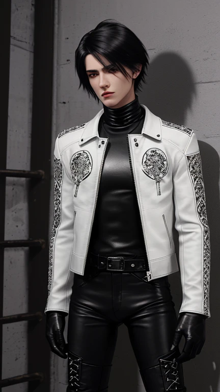 Final Fantasy-inspired graphics, Young, cute and cool Japanese boys, Thin eyebrows and big eyes,  He is wearing a shiny off-white leather single-breasted jacket., with epaulettes,  The jacket is zipped up, The pattern on the jacket is a little black line., The jacket has a high stand-up collar with a belt, Also wearing a black turtleneck, black leather pants,Tight, thin black leather gloves on both hands, Black leather knee-high lace-up boots,show, head-to-toe, Show whole body, Final Fantasy Style、good looking、Clear eyes and nose、((White single design leather jacket))、((Black turtleneck shirt))、((black leather pants))、((Black leather gloves on both hands))、((Black lace-up leather long boots))、View from head to toe、Realistic image quality and texture、I&#39;m in a small prison cell