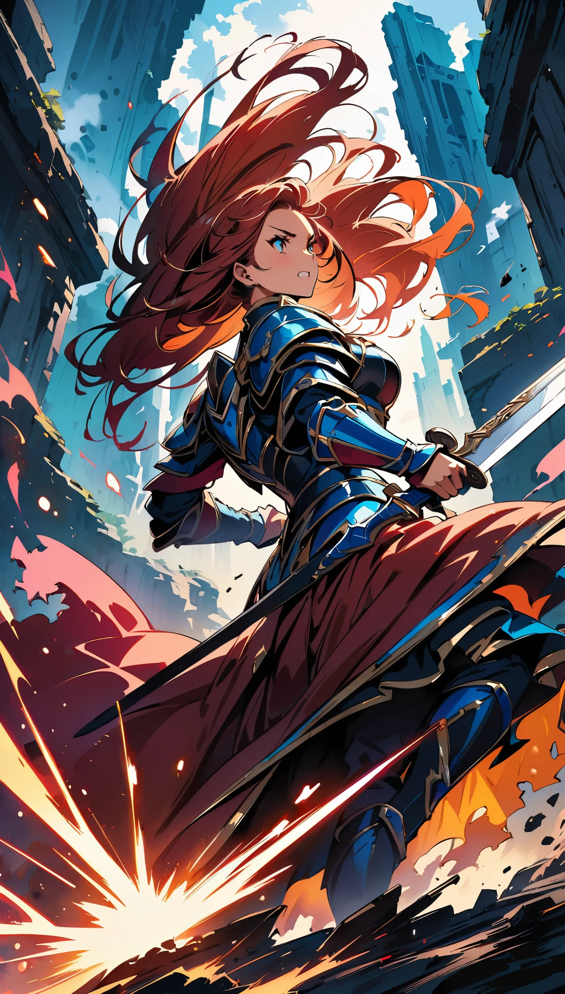 (highest quality:1.2, Comic Artwork, Comic book style, Very detailed, up to date, Vibrant, digital coloring, High Contrast, masterpiece:1.2, Best Quality, Best aesthetics, aya), Very detailed, woman wielding a large sword, Ornate Armor, Flowing Hair, Intense expression, intense battle scene, Dramatic lighting, Bright colors, powerful stroke, High Contrast, Heroic figures, Detailed armor and weapons, Dynamic pose, war-torn landscape background