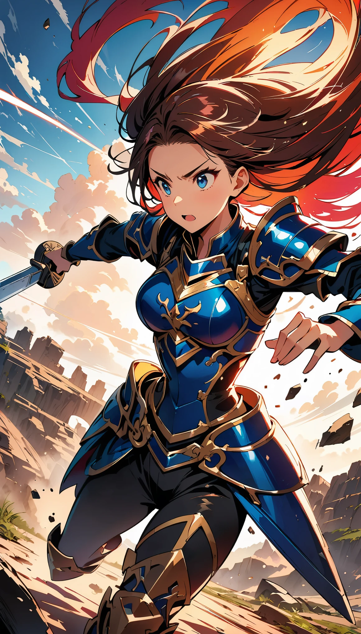 (highest quality:1.2, Comic Artwork, Comic book style, Very detailed, up to date, Vibrant, digital coloring, High Contrast, masterpiece:1.2, Best Quality, Best aesthetics, aya), Very detailed, woman wielding a large sword, Ornate Armor, Flowing Hair, Intense expression, intense battle scene, Dramatic lighting, Bright colors, powerful stroke, High Contrast, Heroic figures, Detailed armor and weapons, Dynamic pose, war-torn landscape background
