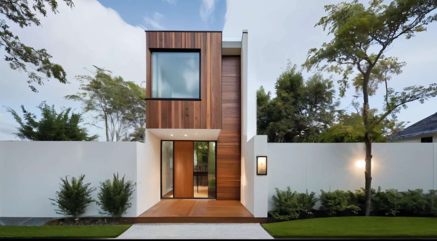 exterior house, contemporary style, white wall, wood wall, wood door, glass window, (realistic:1.2), Masterpiece, high quality, best quality, authentic, super detail, outdoors,road,pavement, grass, trees, sky, cloud, (daylight:1.1)
