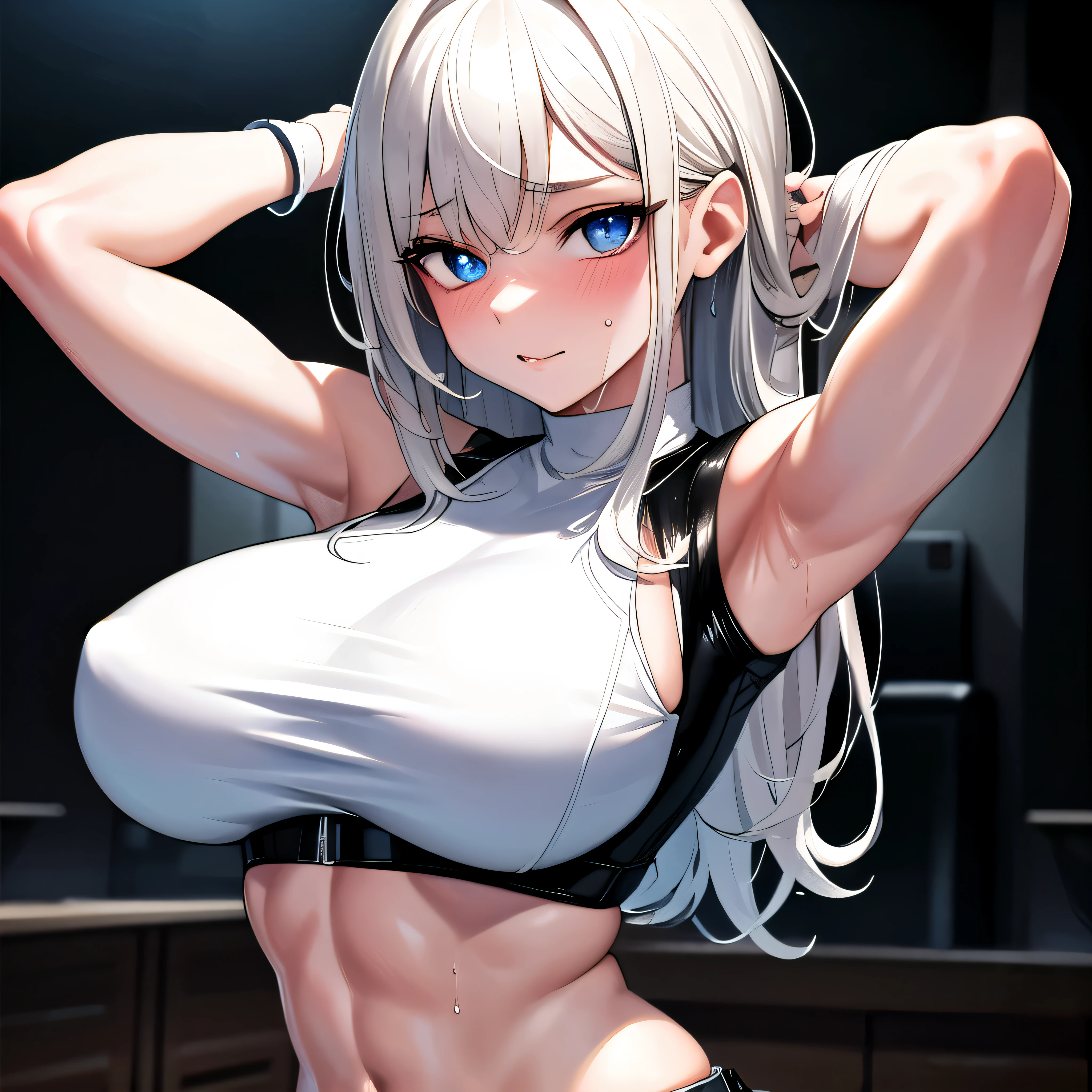 highest quality, 32k, Raw photo, incredibly Abdominal musclesurdres, Very detailed, Delicate texture, (Beautiful and beautiful eyes: 1.2), (overhead), Beautiful Face, One girl,White crop top, leather shorts, oversized leather jacket, Upper Body, Abdominal muscles,Sweat, Ahegao, Roll your eyes, blush, Drooling,body fluid,indoor, night, Sexy mole,larms behind head