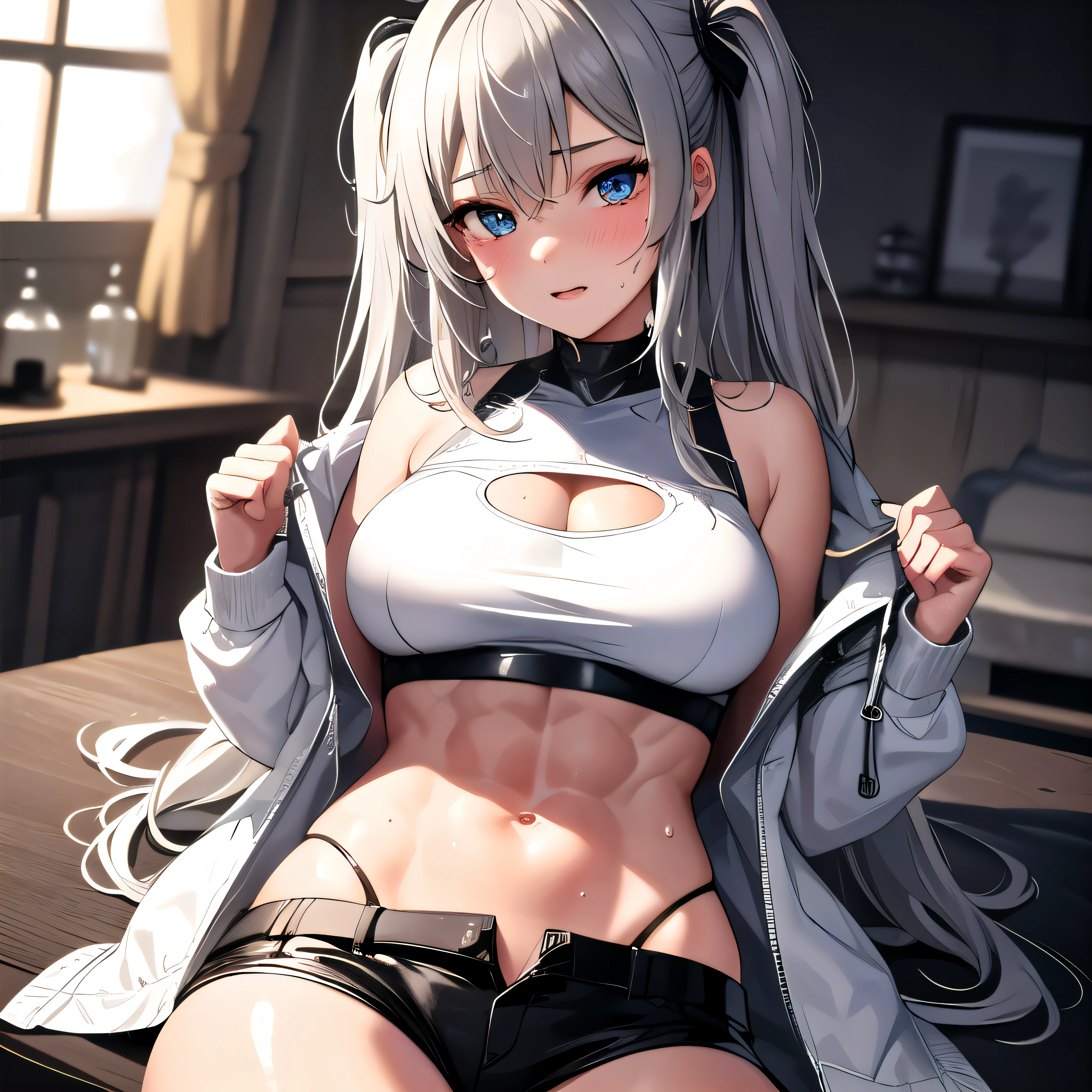 highest quality, 32k, Raw photo, Amazing abs urdres, Very detailed, Delicate texture, (Beautiful and beautiful eyes: 1.2), (overhead), Gray Hair,Long Hair,Two-side up messy wavy hair,Beautiful Face, One girl,White crop top, leather shorts, Oversized leather jacket ,Sweat, Lots of Sweat,Ahegao, Roll your eyes, blush,Drooling,body fluid,indoor, night, Sexy mole,Ample breasts、Climax