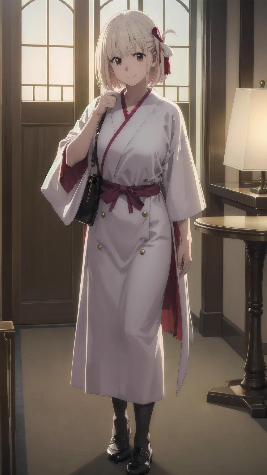 (best quality,ultra-detailed,realistic:1.37), solo girl, Chisato Nishiki, engaging eye contact, radiant smile, full body pose, vivid colors, soft lighting, pastel color palette