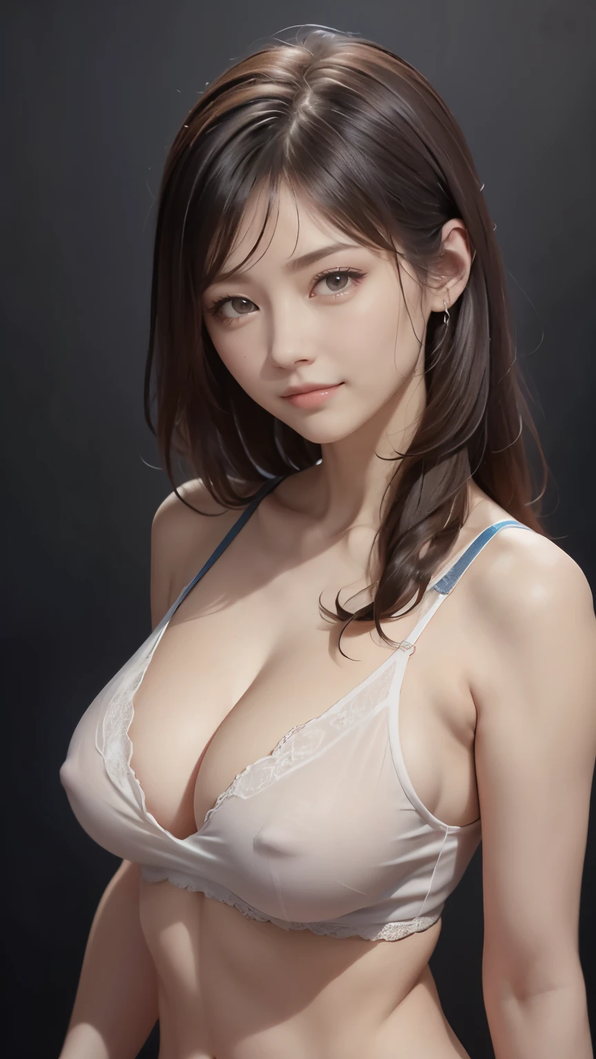 1 female,Simple Background,Beauty,smile,Shooting from directly in front,Beautiful face,Perfect Style,Dynamic Angle,Cleavage,White tank top,The bra is a little visible,Masterpiece,Highest quality,Ultra high definition,Ultra-realistic,8K,