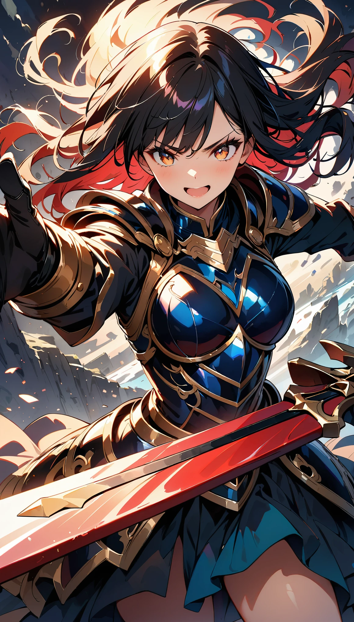 (high quality, 8k, 4K, High Contrast, masterpiece:1.2, 最high quality, Best aesthetics, aya), Very detailed, woman wielding a large sword, Ornate Armor, Flowing Hair, Intense expression, intense battle scene, Dramatic lighting, Bright colors, powerful stroke, High Contrast, Heroic figures, Detailed armor and weapons, Dynamic pose, war-torn landscape background, Uplifting, Cute face, Beautiful Face, Long eyelashes, Highly detailed eyes, Highly detailed face, Glossy lips, Open your mouth, smile, Cowboy Shot.