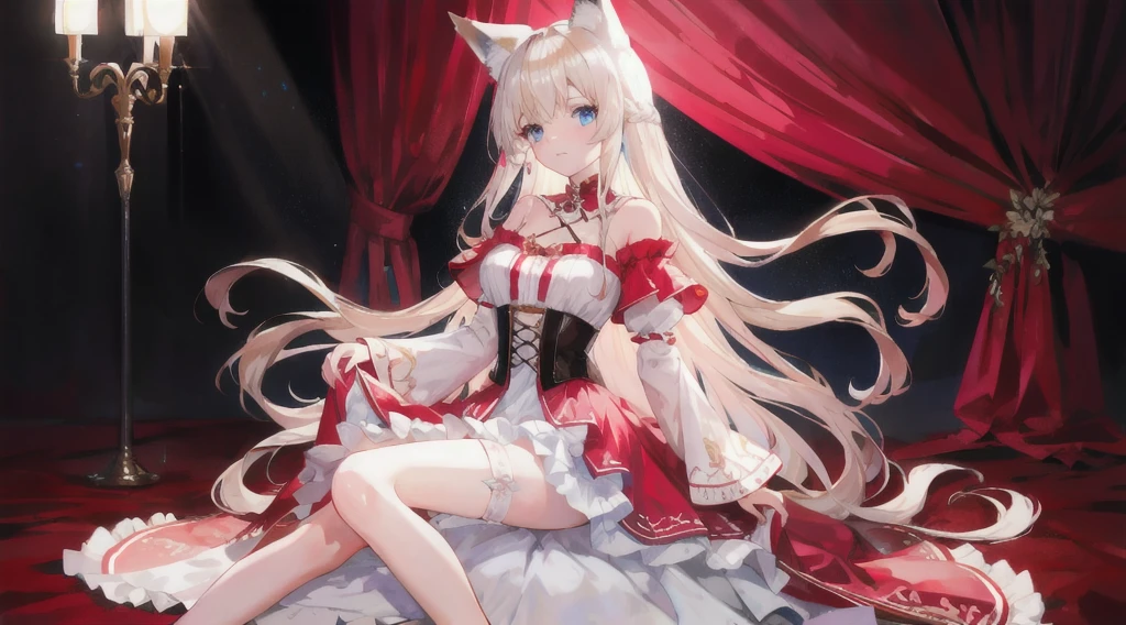 The pale blonde haired loli was lying on her side，Wear white stockings，Has flat fox ears，wearing kimonos，high high quality，tmasterpiece，Detailed landscapes，The characters are meticulous