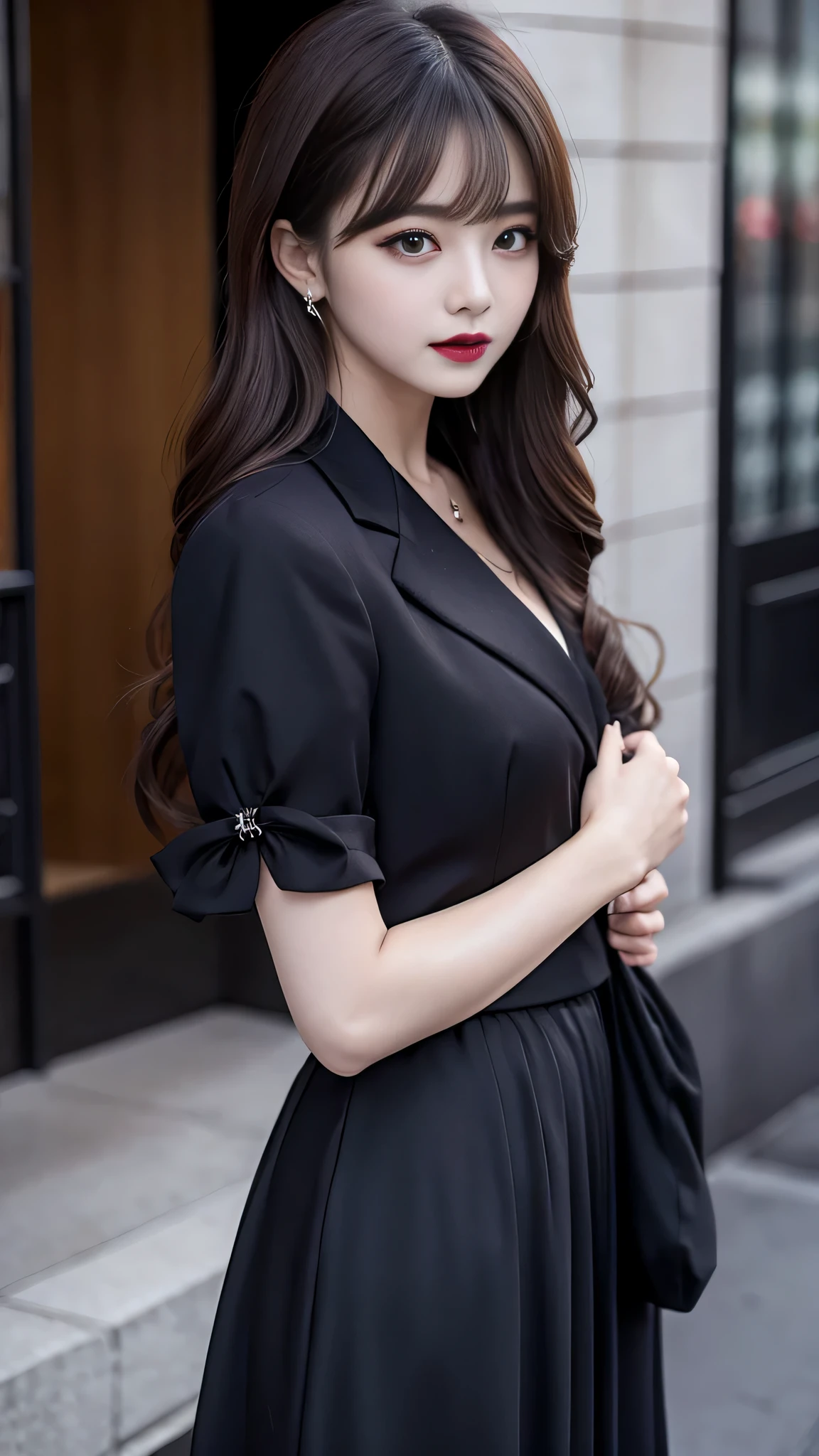 2girls、best quality、ultra-detailed、4k、Japanese、Seductive beauty、seductive adult woman、Pretty Woman、cool girl、Villainess、Brainwashed、brainwash、Fallen into evil、smirk、Evil look、Wicked Smile、evil、Brown hair、wavy hair、swept bangs、dark makeup、dark makeup、piercing eyes、hollow eyes,half-closed eyes、Hollow Eyes、Purple Eyeshadow、black lipstick、black lipglos、suit、Jacket、blouse、Black Ribbon、Long skirt、slit、Beautiful feet、Put your hands behind your back、night、Eerie Citadel、Are standing、
