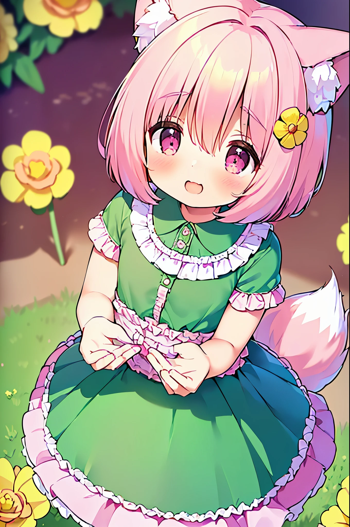 (((masterpiece))), (((最high quality))), (((high quality))), (((beautiful))), (((8K))), (((High resolution)) (((超High resolution))), (((High resolution))), (((Transcendent Technique Illustration))), (Pink Short Hair:1.3), (Pink fox tail:1.4), (Pink fox tail:1.2), Pink fox ears, (Pink Eyes), (Super small breasts:1.5), (Ultra-flat chest:1.4), (Cowboy Shot:1.3), (laughing:1.3), (Marigold flower garden:1.3), (Super cute green blouse with frills:1.3), (Pink pleated skirt with frills:1.3), (look up:1.4), (From above:1.4)