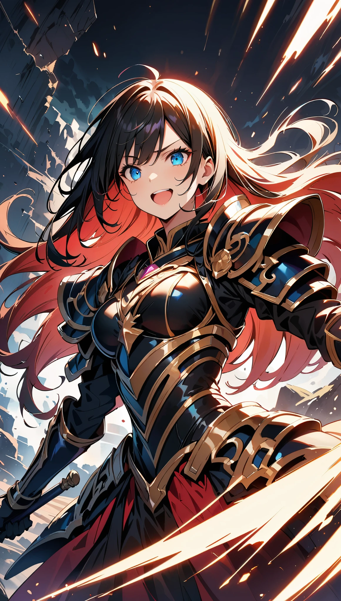 (high quality, 8k, 4K, High Contrast, masterpiece:1.2, 最high quality, Best aesthetics, aya), Very detailed, woman wielding a large sword, Ornate Armor, Flowing Hair, Intense expression, intense battle scene, Dramatic lighting, Bright colors, powerful stroke, High Contrast, Heroic figures, Detailed armor and weapons, Dynamic pose, war-torn landscape background, Uplifting, Cute face, Beautiful Face, Long eyelashes, Highly detailed eyes, Highly detailed face, Glossy lips, Open your mouth, smile, Cowboy Shot.
