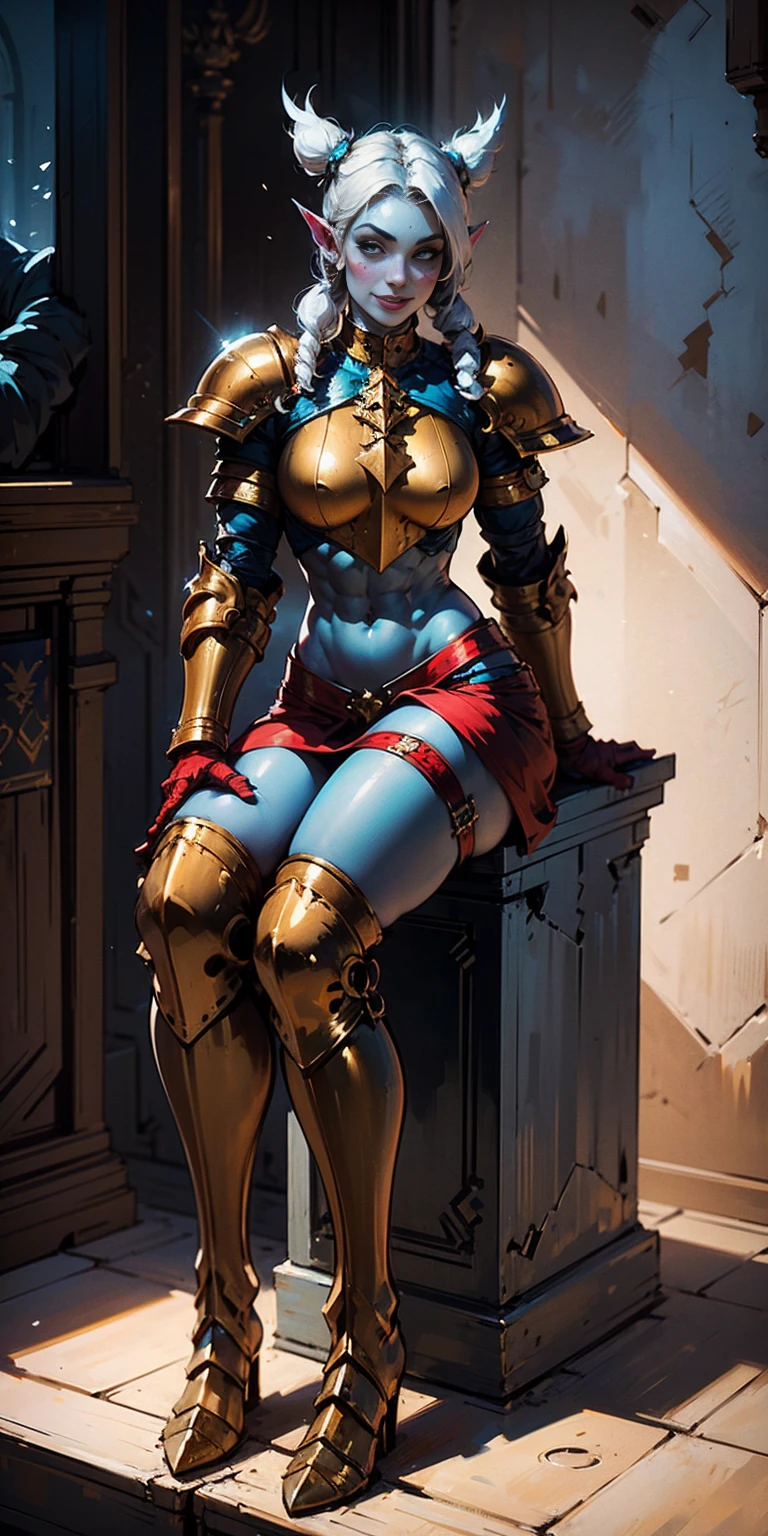 full body sitting on a bench showing ass to me, BLUE breastplate, BLUE skin (1girl)(BLUE skin:1.2), looking at viewer, shiny, armor, thigh highs, high boots, pauldrons shoulder armor, faulds, poleyn, gloves, gauntlets, rerebrace armored boots, (masterpiece, best quality, ultra-detailed, best shadow) yordle pointy ears muscular lean platinum blonde long twin-tails hairstyle at the office lustful smirking smile face red blushed, blush, strong abs, female body builder, tiara, twin drills hair