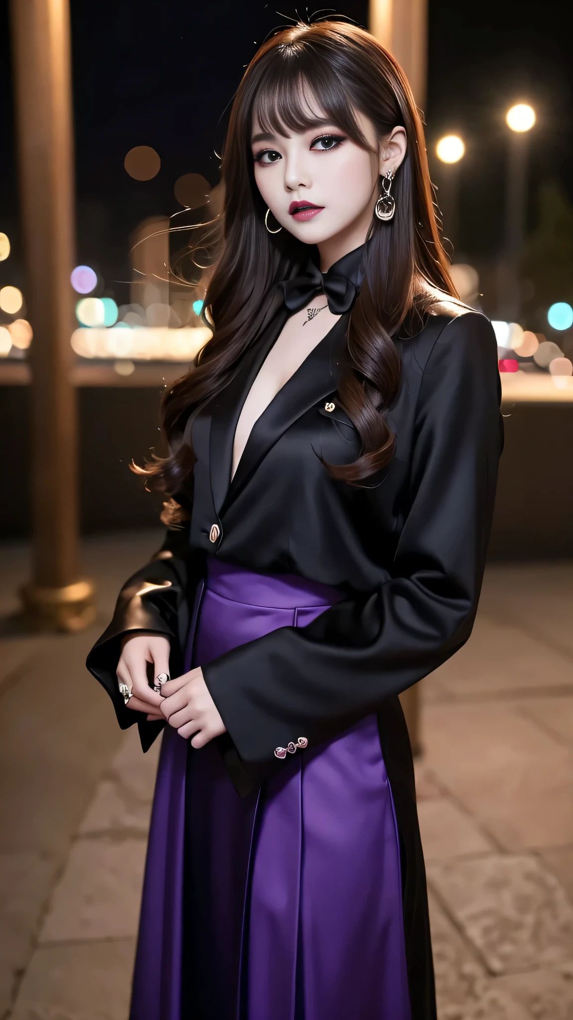 2girls、best quality、ultra-detailed、4k、Japanese、Seductive beauty、seductive adult woman、Pretty Woman、cool girl、Villainess、Brainwashed、brainwash、Fallen into evil、smirk、Evil look、Wicked Smile、evil、Brown hair、wavy hair、swept bangs、dark makeup、dark makeup、piercing eyes、hollow eyes,half-closed eyes、Hollow Eyes、Purple Eyeshadow、black lipstick、black lipglos、suit、Jacket、blouse、Black Ribbon、Long skirt、slit、Beautiful feet、Put your hands behind your back、night、Eerie Citadel、Are standing、