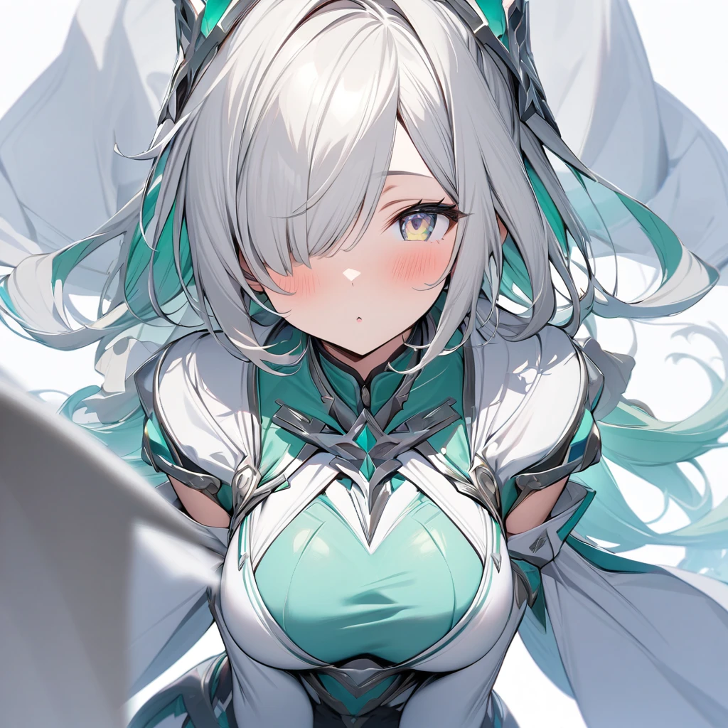 (front view),(cute) (facing_viewer),(body),(one-eyes),(1 girl), curvy masterpiece, best quality, white background,from front, front view, [light silver and light azure, light yellow and light emerald, silver and azure, (light yellow and light silver eyes), (light white and light silver),hair] Solo focus, bending