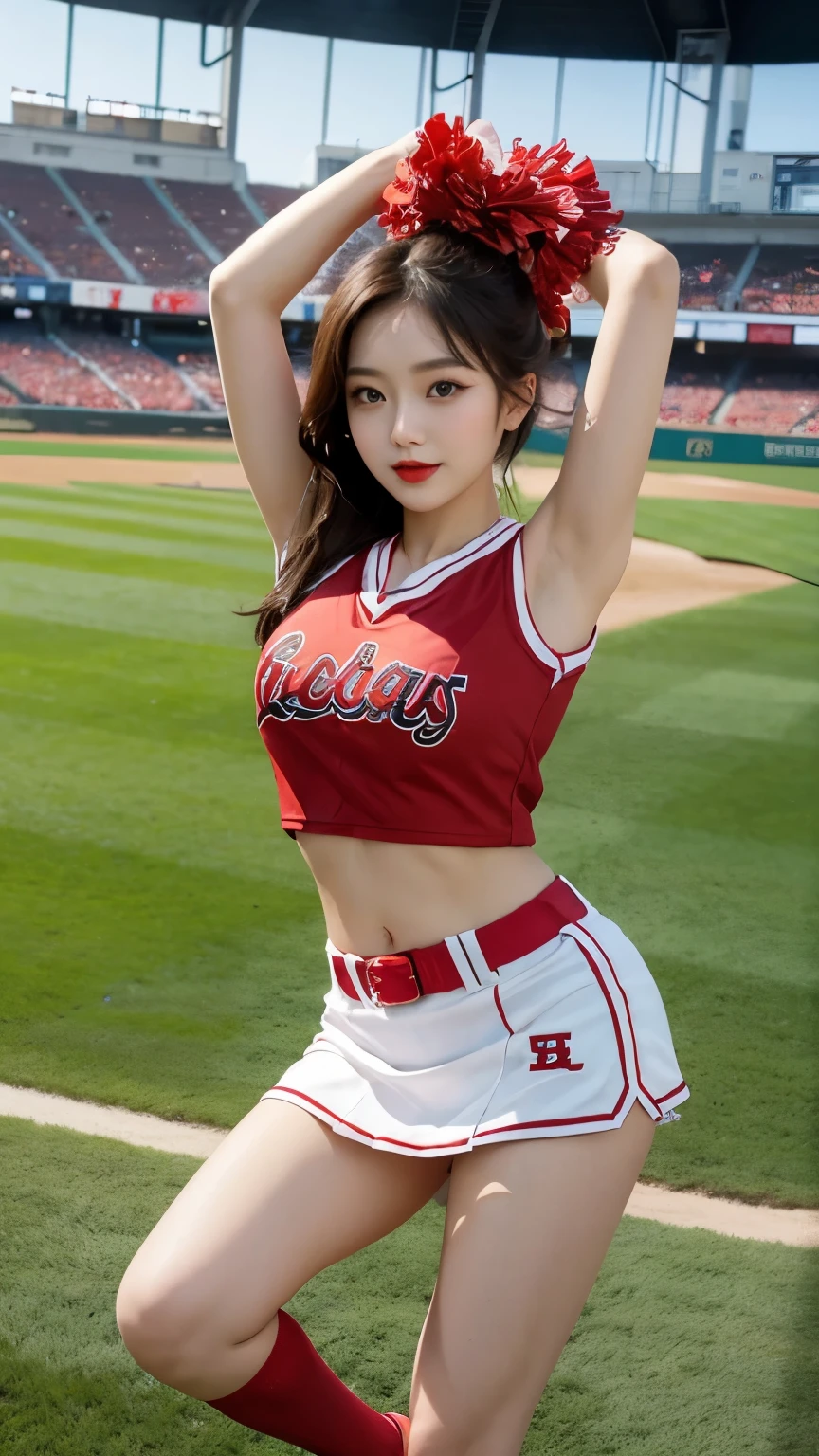 Beautiful girl, Korean makeup, Red lips, medium body, medium chest, femoral, baseball cheerleader outfit, jumping position, stadium landscape