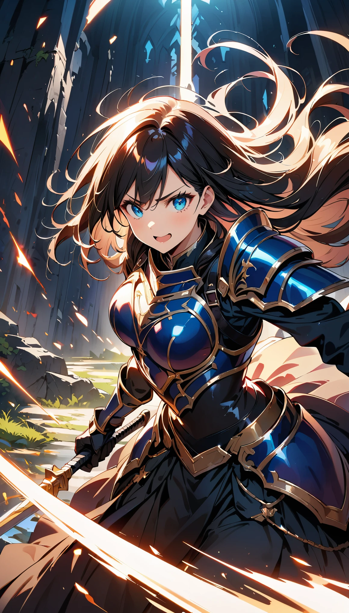 (high quality, 8k, 4K, High Contrast, masterpiece:1.2, 最high quality, Best aesthetics, aya), Very detailed, woman wielding a large sword, Ornate Armor, Flowing Hair, Intense expression, intense battle scene, Dramatic lighting, Bright colors, powerful stroke, High Contrast, Heroic figures, Detailed armor and weapons, Dynamic pose, war-torn landscape background, Uplifting, Cute face, Beautiful Face, Long eyelashes, Highly detailed eyes, Highly detailed face, Glossy lips, Open your mouth, smile, Cowboy Shot.