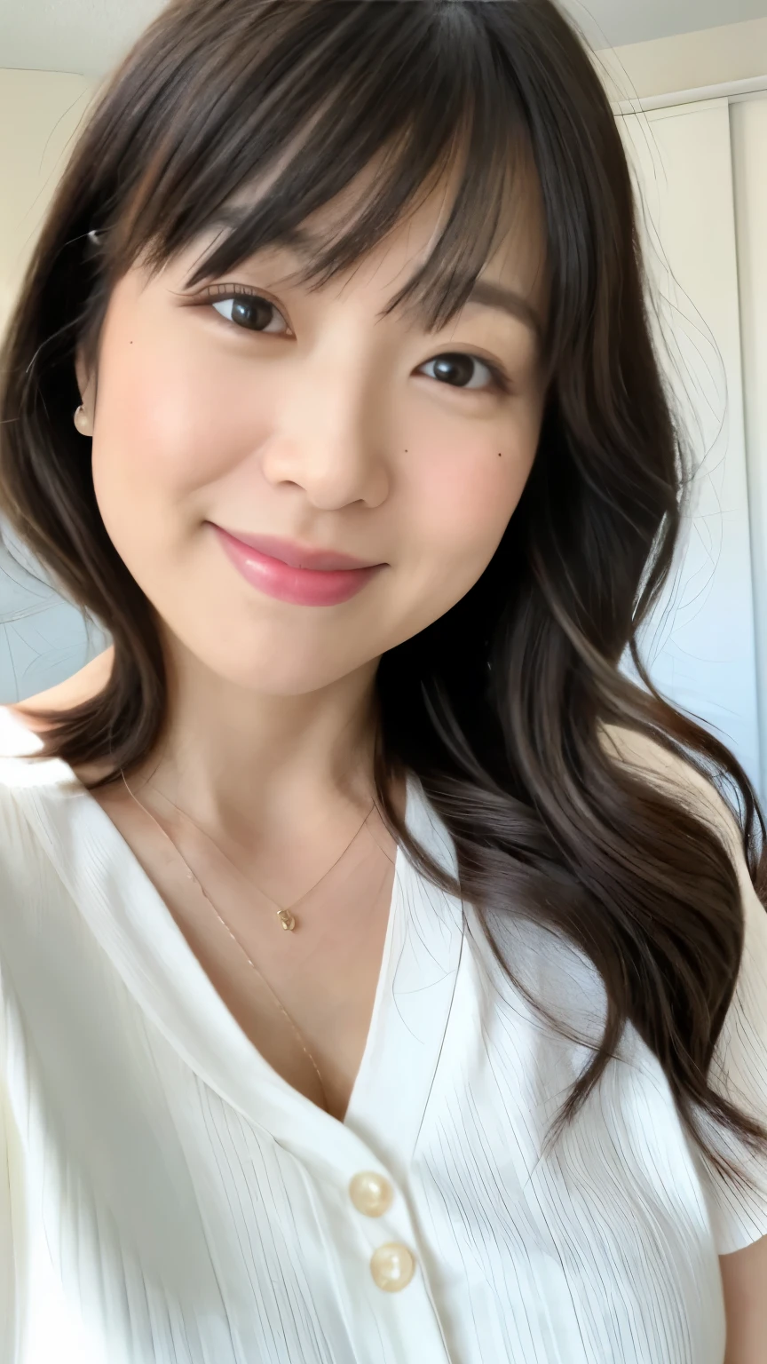 RAW photo, Japanese 32years old mature woman. glamorous. Average face portrait photo. natural makeup face. Curl inside middle long hair with parted bangs. Seductive nose. white round neck shirt with necklace. Smiling to viewer. Selfie using iPhone. in the room. Japanese mature woman