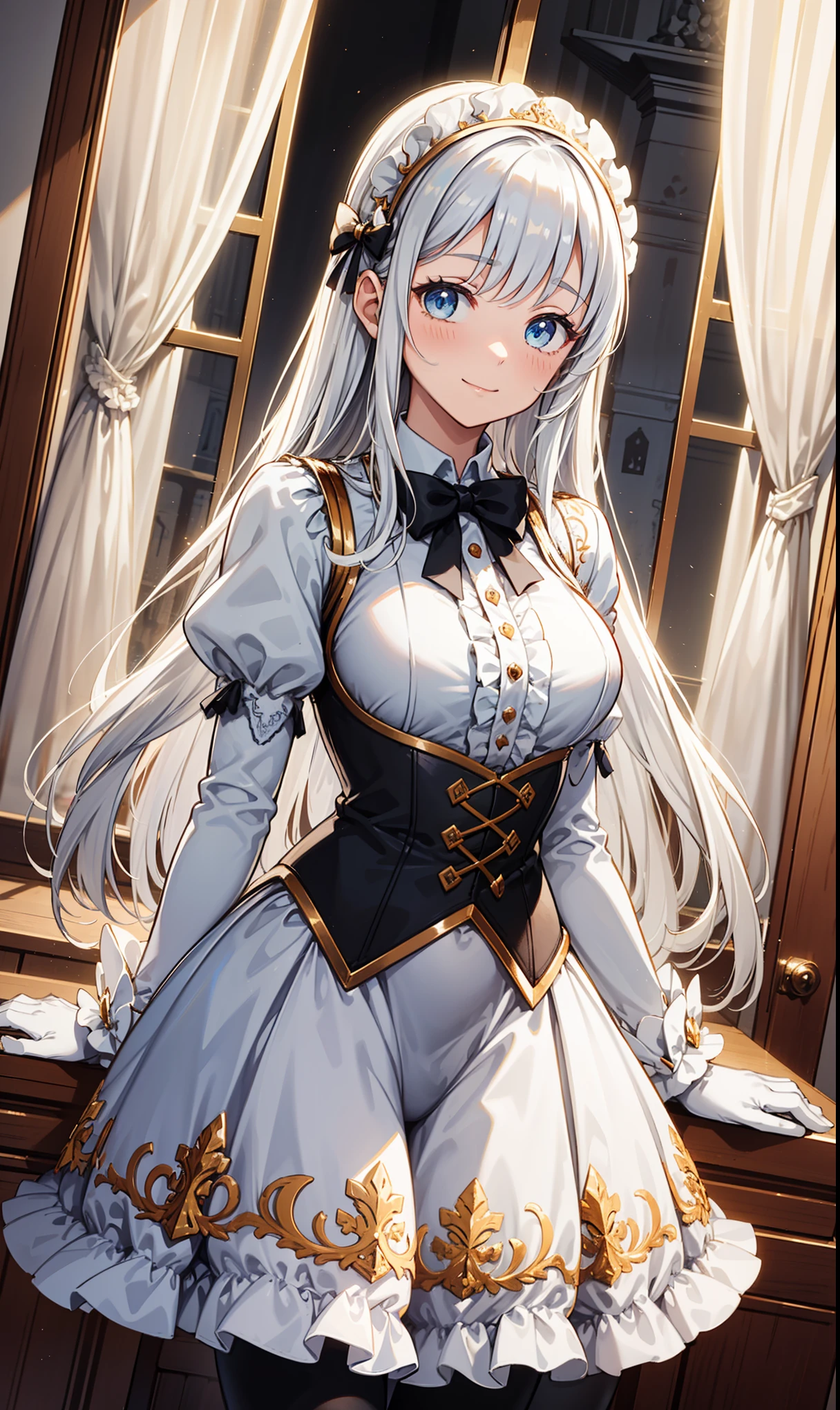 age girl,Attractions,having fun,in love,(Girl wearing black high-waisted trousers and tights with delicate embroidery),(White ruffled bow gloves),White hair,Blue eyes,The upper body is a semi-transparent white shirt,Sacred headdress,Transparent lace,exquisite clothing,The only person,European style bedroom,(night:1.1),Beautiful face,