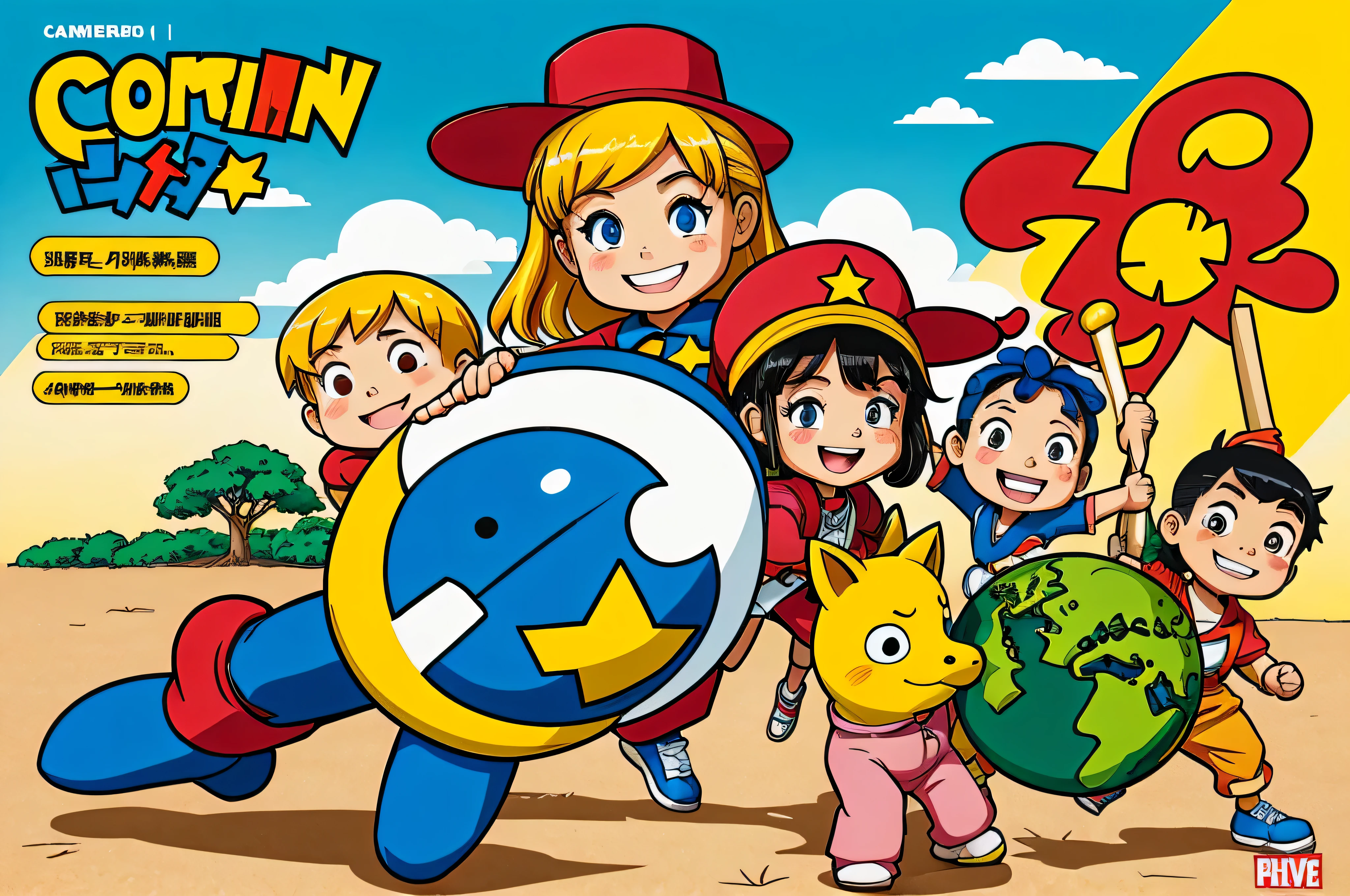 Cartoon illustration of children and their celebration of Earth Day, Hand drawn cartoon art style, cover illustration, Comic Cover style, Children's book cover, colorful kids book illustration, Poster illustration, jojolion cover art style, Japanese comic book cover, Japanese cartoon style, comic book's cover, Comic Cover, The art of math. Colorful comics, vivid Colorful comicss style, Comic Cover,5.1Labor Day,Japanese anime style,Bright and bright colors,The character has a European or American face,There is a message in English on the screen: 'Labor is the most glorious',No Chinese elements。