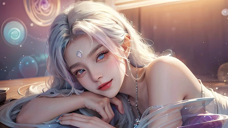 One Girl with long, flowing heterochromia hair in gradient shades of 1.5, concentrated and swirling around her, smiled with an abstract theme and abstract background, encircled by a cube of light. Her eyes, half sapphire and half amethyst, were beautifully detailed and radiated influence. The tabletop scene presented a beautiful girl in fine grain, with swollen eyes reflexively closed, showcased in ultra-high resolution and hyper-realistic detail. In the soft lighting of the Japanese-inspired Asian beauty aesthetic, her skin was impeccably beautiful and thin, radiating a sense of anticipation and excitement as she looked forward to her viewers with a slight