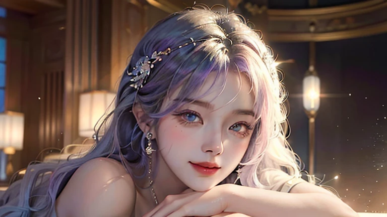 One Girl with long, flowing heterochromia hair in gradient shades of 1.5, concentrated and swirling around her, smiled with an abstract theme and abstract background, encircled by a cube of light. Her eyes, half sapphire and half amethyst, were beautifully detailed and radiated influence. The tabletop scene presented a beautiful girl in fine grain, with swollen eyes reflexively closed, showcased in ultra-high resolution and hyper-realistic detail. In the soft lighting of the Japanese-inspired Asian beauty aesthetic, her skin was impeccably beautiful and thin, radiating a sense of anticipation and excitement as she looked forward to her viewers with a slight