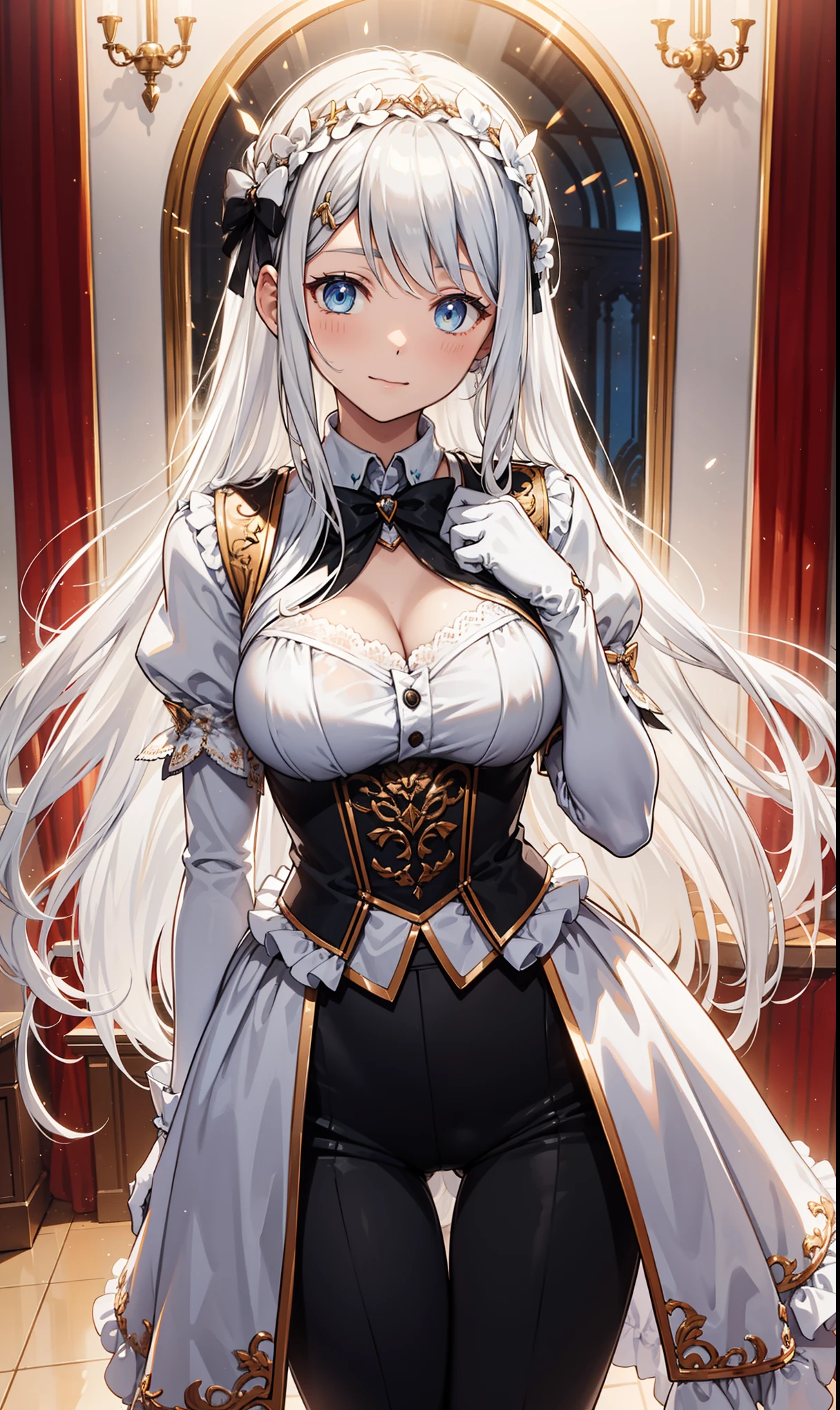age girl,Attractions,having fun,in love,(Girl wearing black high-waisted trousers and tights with delicate embroidery),(White ruffled bow gloves),White hair,Blue eyes,The upper body is a semi-transparent white shirt,Sacred headdress,Transparent lace,exquisite clothing,The only person,European style bedroom,(night:1.1),Beautiful face,