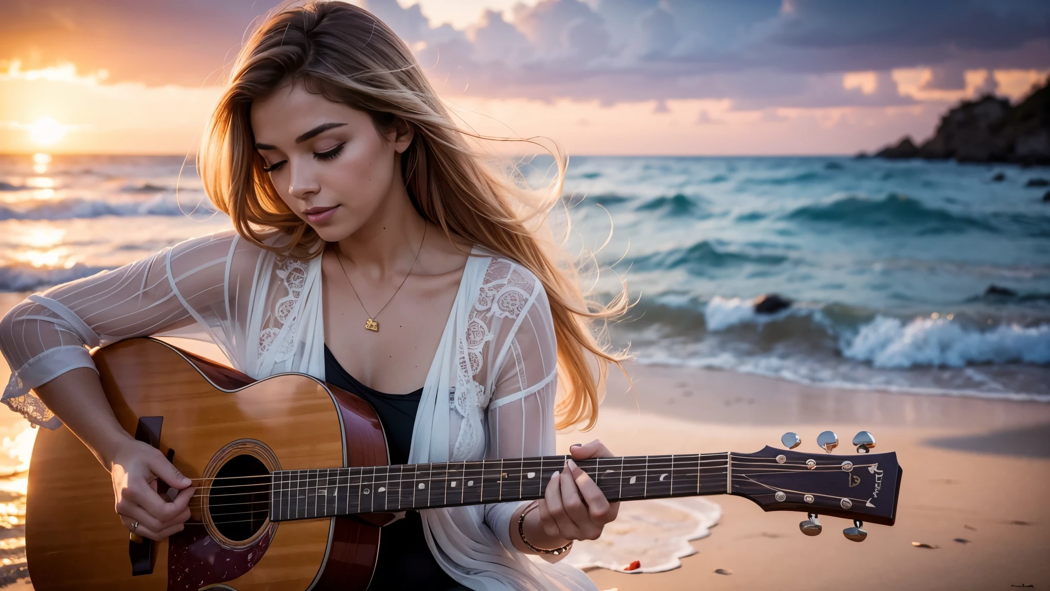 ((best quality)), ((masterpiece)),(detail), perfect face, full body shot of a old couple passionately playing the guitar by the beach, a purple sunset, white hair, rose petals flying across the sky, with setting sun, romantic style, retro vintage and romanticism, blurred background image, sunset light, golden sunshine, roses, very lots of flying flower petals, rose petals stuck in hair, warm orange background color, subject takes up 1/3 of the frame, hyper-realistic photos, 8k, ultra high resolution, sharp faces