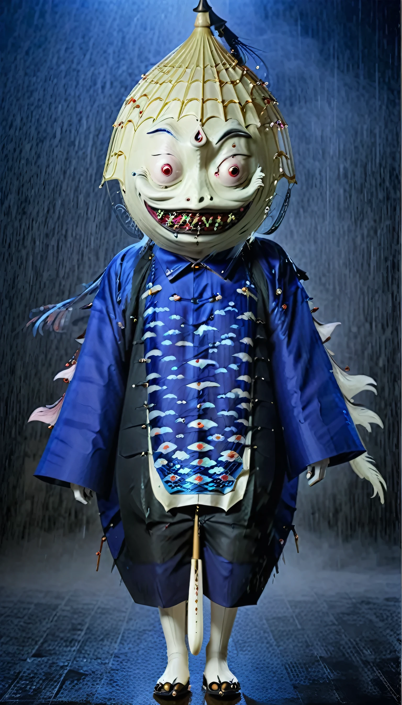 Kasa-obake (Japan creature They are generally umbrellas with one eye and jump around with one leg), (hyperrealistic facial features:1.3), Masquerade ball, opulent costumes, monster umbrella from japan, mysterious identities, decadent celebration