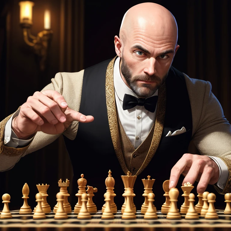 Create a captivating visual representation of a bald man exuding strategic mastery as he meticulously manipulates chess pieces with intricately detailed human head designs. His piercing, calculating eyes scan the board, analyzing every move made by his opponents. The dimly lit room, cast in a Dutch angle, adds an air of intensity and focus to the scene. The man's strong jawline and defined features highlight his intelligence and determination. His attire is simple but elegant, a sign of his focus on the game. The chessboard is a grand, ornate affair, with each piece representing a unique and intricately designed human head, adding an otherworldly element to the game. The warm,
