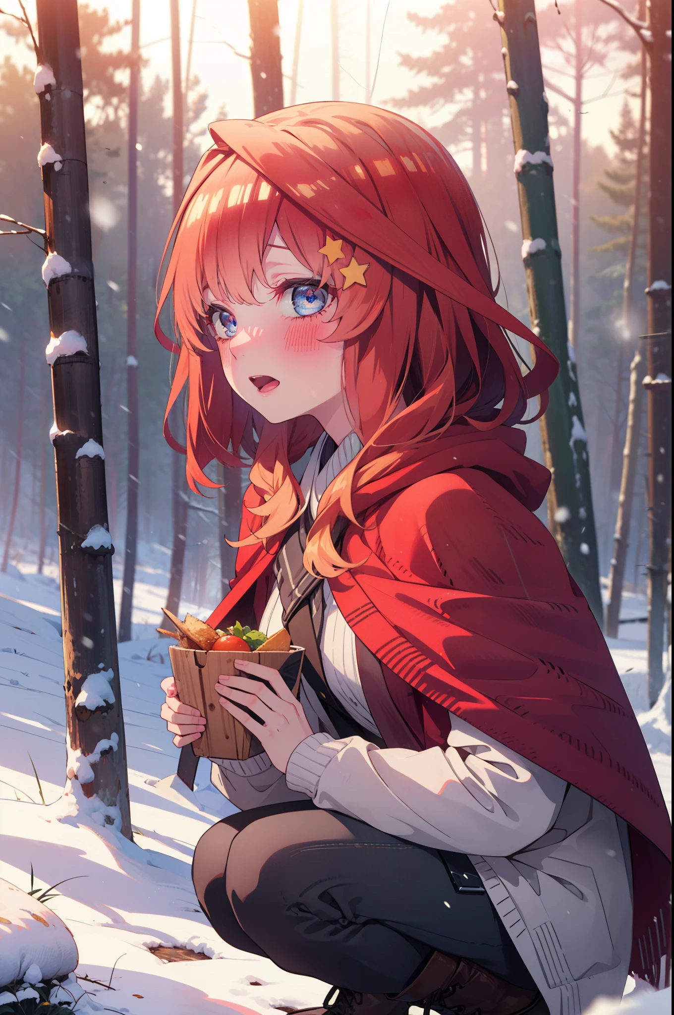 itsukinakano, Itsuki Nakano, bangs, blue eyes, Hair between the eyes, Ahoge, Redhead, star \(symbol\), hair ornaments, star hair ornaments,smile,blush,White Breath,
Open your mouth,snow, fire, Outdoor, boots, snowing, From the side, wood, suitcase, Cape, Blurred, Increase your meals, forest, White handbag, nature,  Squat, Mouth closed, フードed Cape, winter, Written boundary depth, Black shoes, red Cape break looking at viewer, Upper Body, whole body, break Outdoor, forest, nature, break (masterpiece:1.2), highest quality, High resolution, unity 8k wallpaper, (shape:0.8), (Beautiful and beautiful eyes:1.6), Highly detailed face, Perfect lighting, Highly detailed CG, (Perfect hands, Perfect Anatomy),